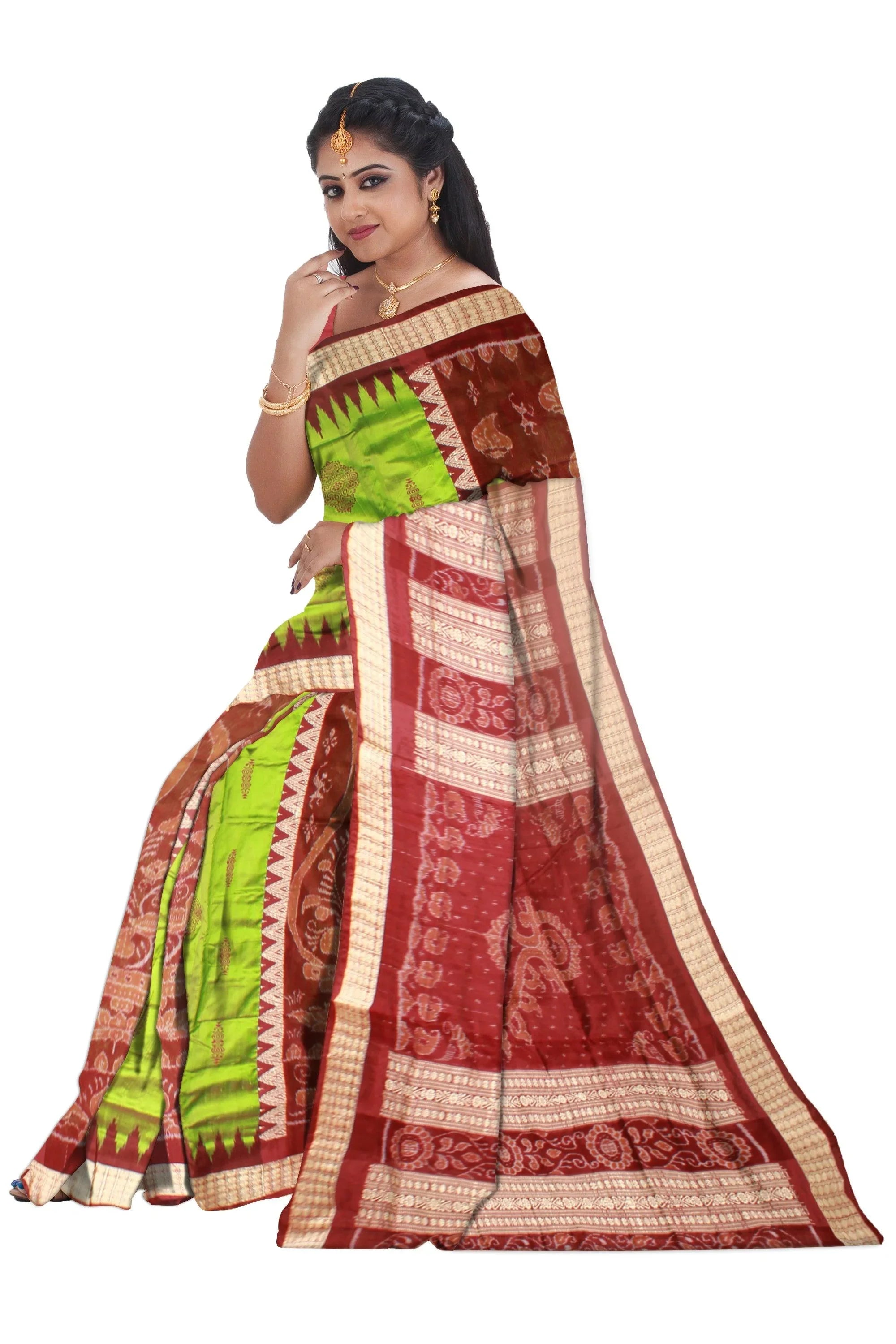 Sambalpuri Bomkei Pata Saree in Maroon and Green Color in botty design with maroon Border with blouse piece. - Koshali Arts & Crafts Enterprise