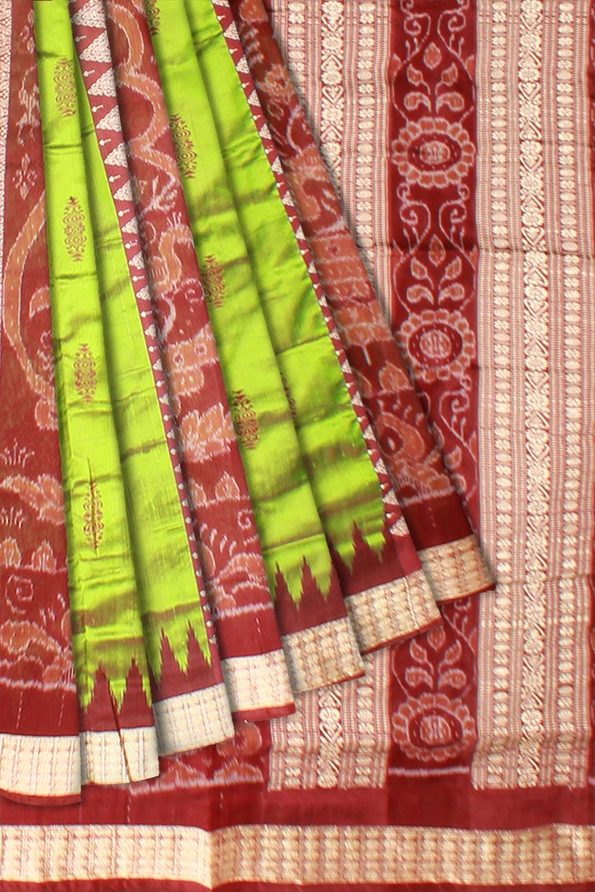 Sambalpuri Bomkei Pata Saree in Maroon and Green Color in botty design with maroon Border with blouse piece. - Koshali Arts & Crafts Enterprise