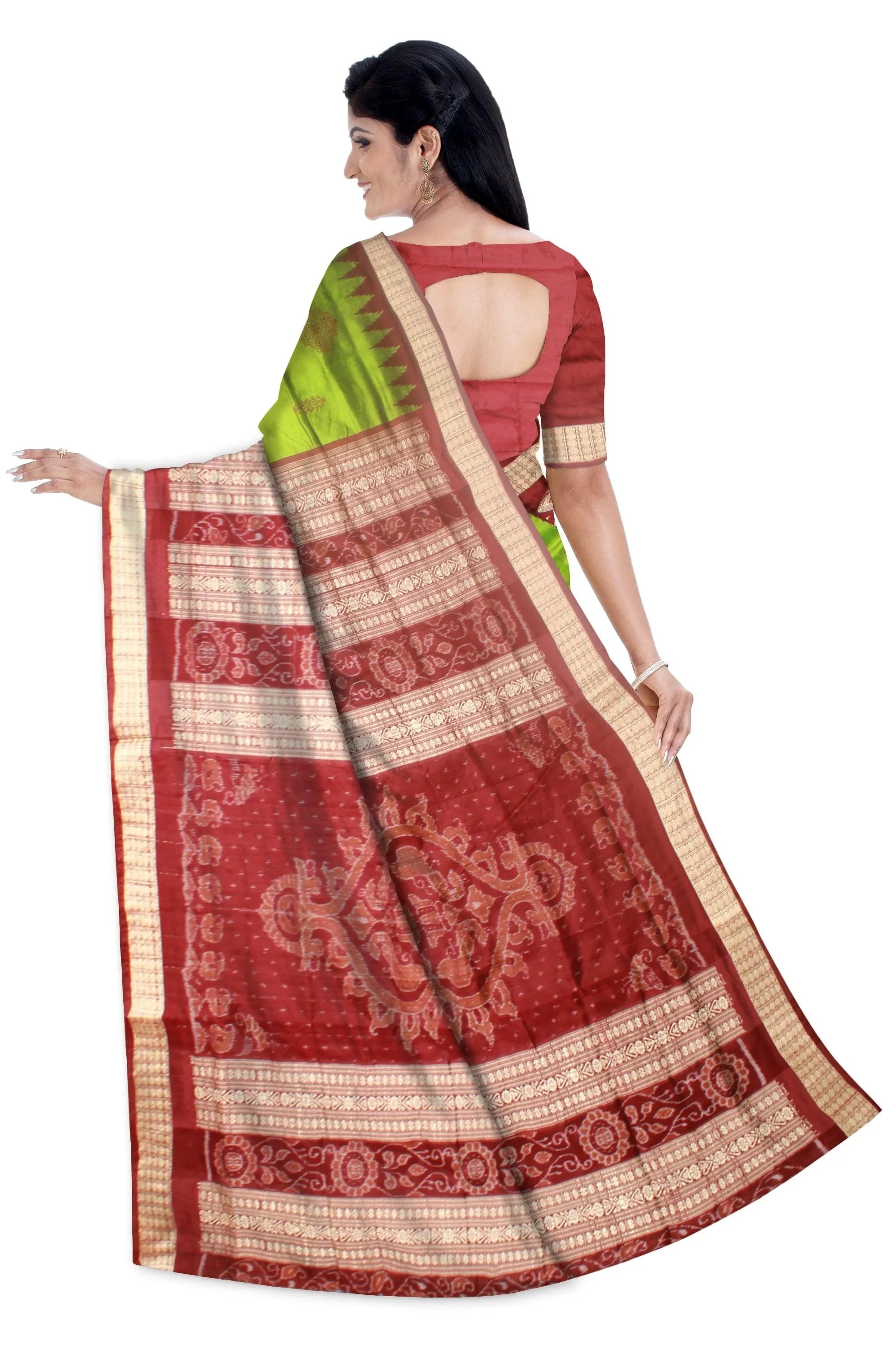 Sambalpuri Bomkei Pata Saree in Maroon and Green Color in botty design with maroon Border with blouse piece. - Koshali Arts & Crafts Enterprise