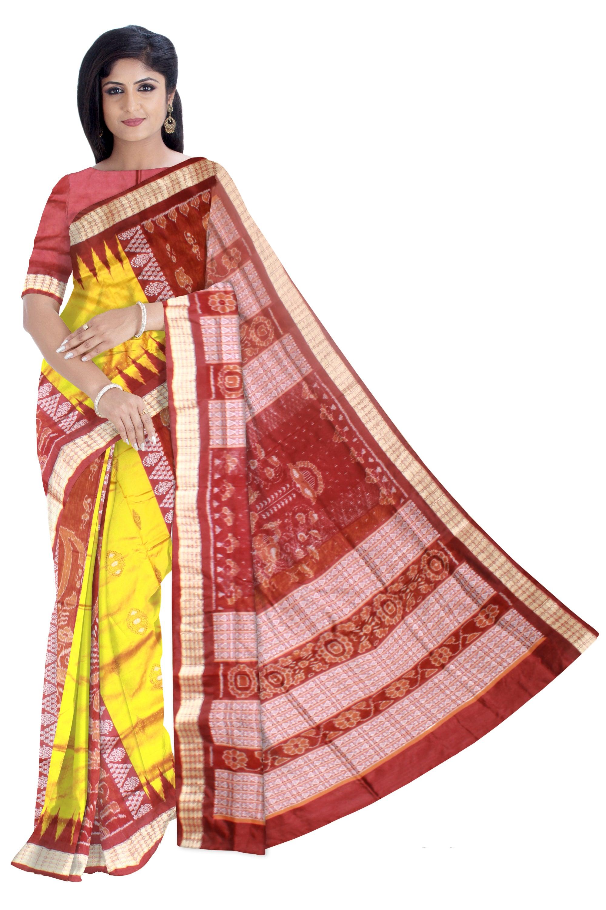 Yellow color Pata Saree with Maroon Border and Bomkai work in Body with blouse piece. - Koshali Arts & Crafts Enterprise