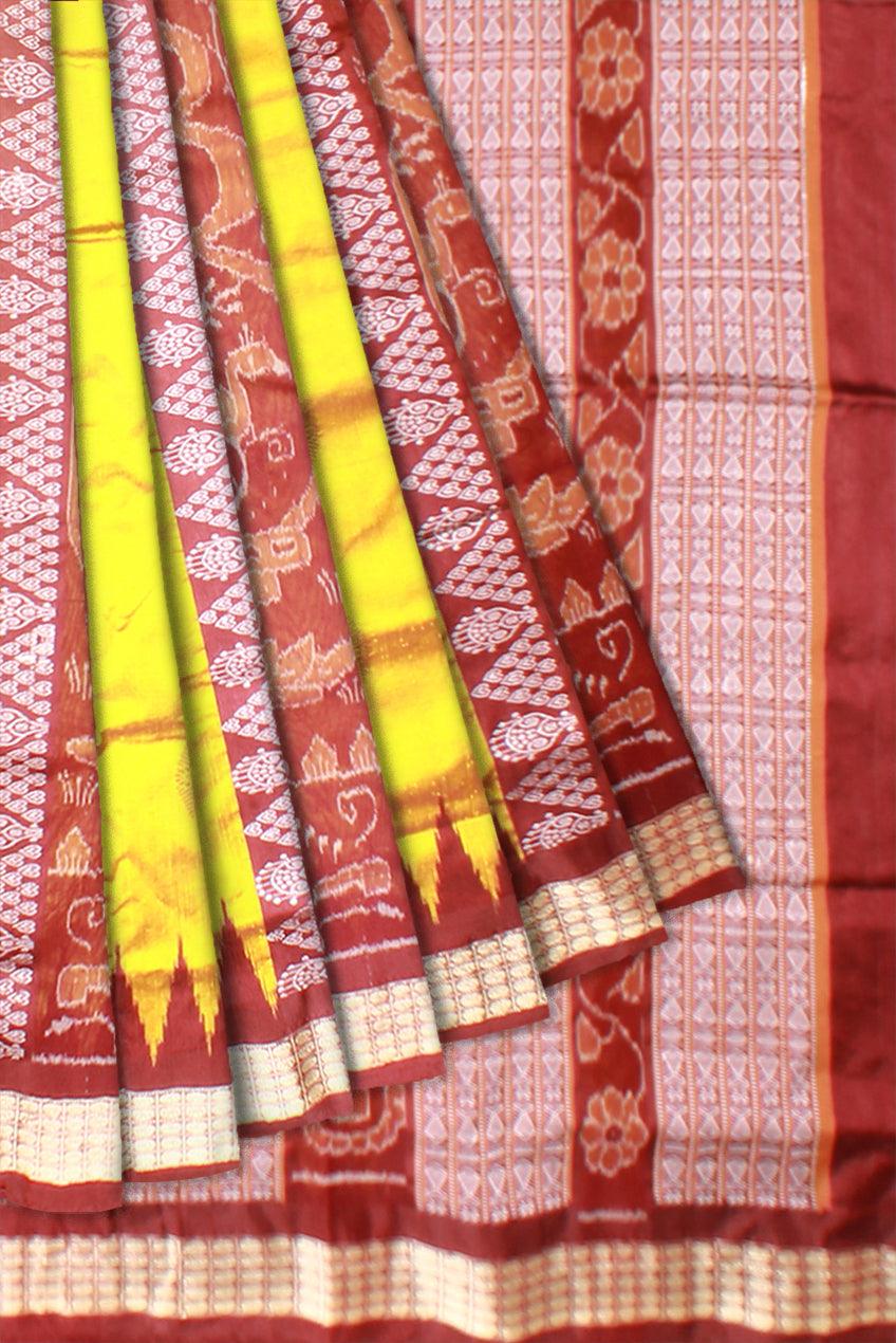Yellow color Pata Saree with Maroon Border and Bomkai work in Body with blouse piece. - Koshali Arts & Crafts Enterprise