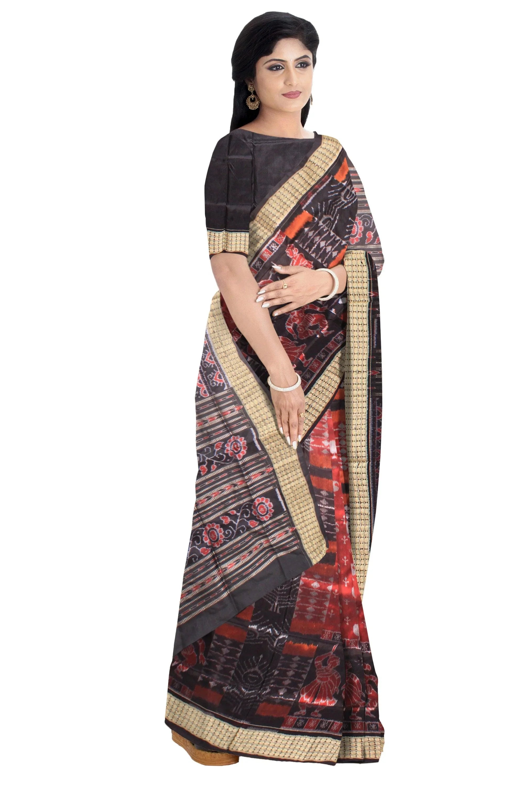 Sambalpuri Pata Saree in Black and Maroon color pallu new flower Design with blouse piece. - Koshali Arts & Crafts Enterprise