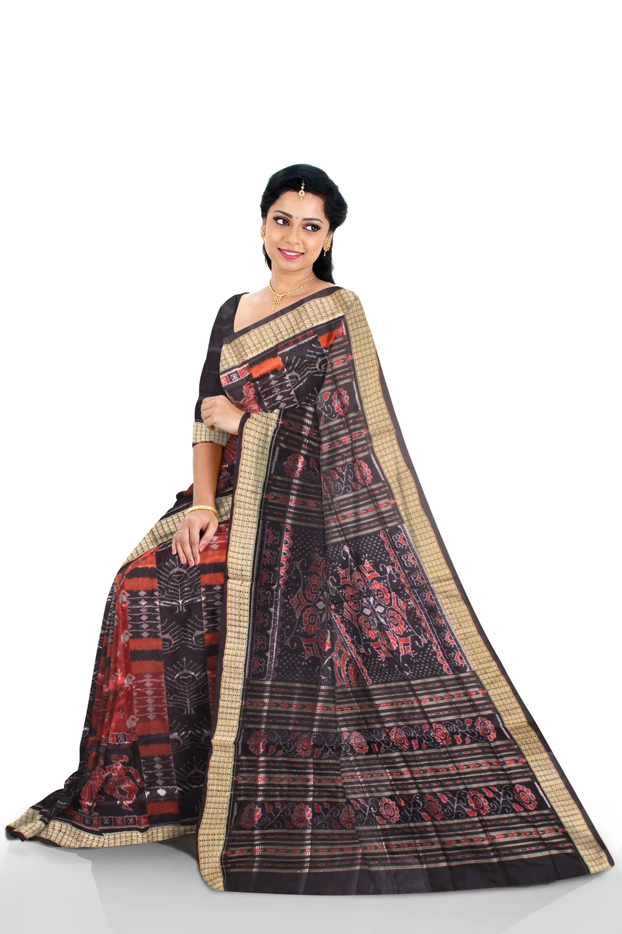 Sambalpuri Pata Saree in Black and Maroon color pallu flower Design with blouse piece. - Koshali Arts & Crafts Enterprise