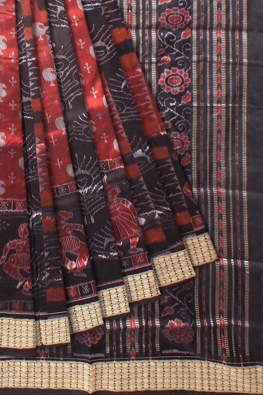 Sambalpuri Pata Saree in Black and Maroon color pallu new flower Design with blouse piece. - Koshali Arts & Crafts Enterprise