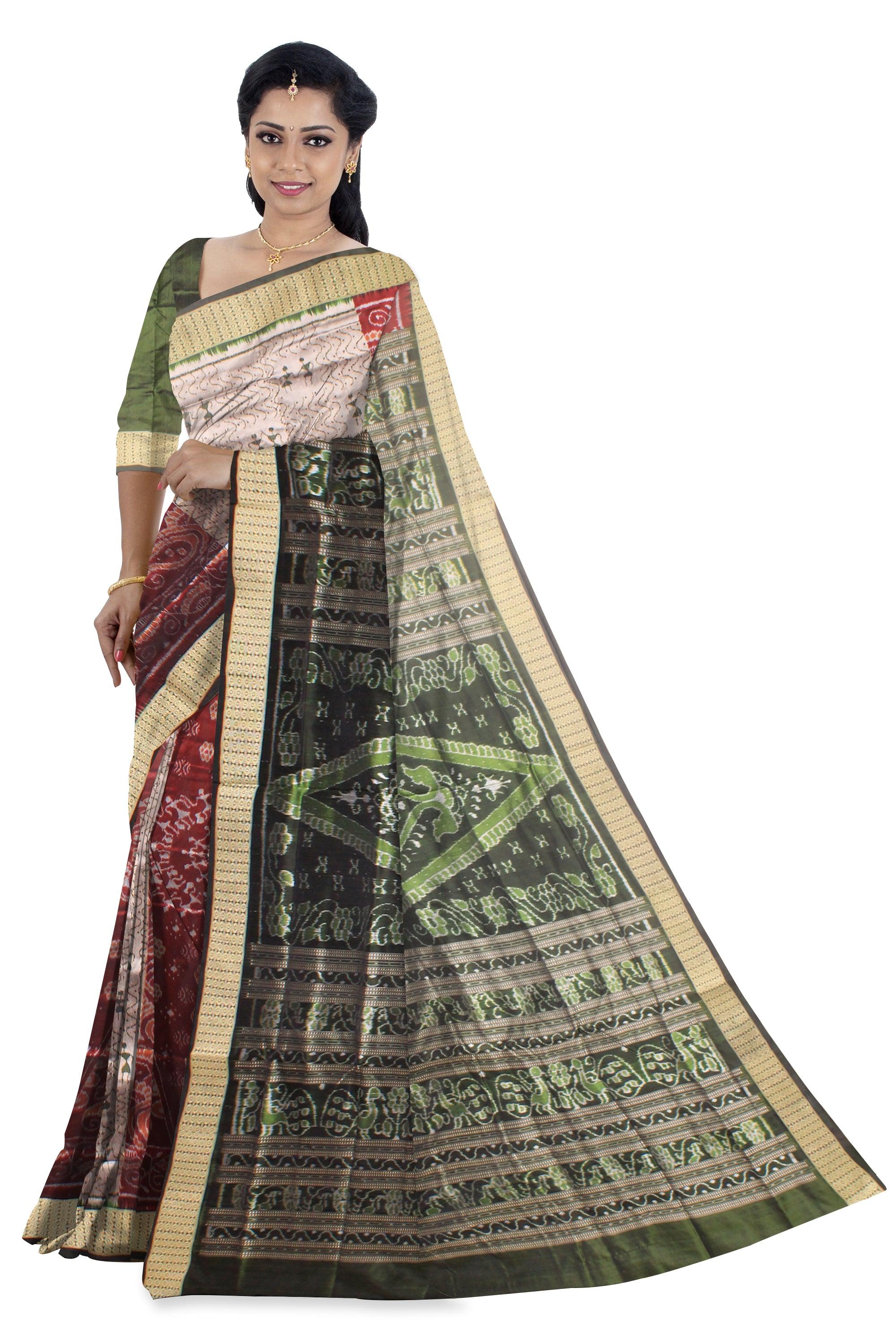 Maroon and gray color Bomkei Sambalpuri pata saree with blouse piece. - Koshali Arts & Crafts Enterprise