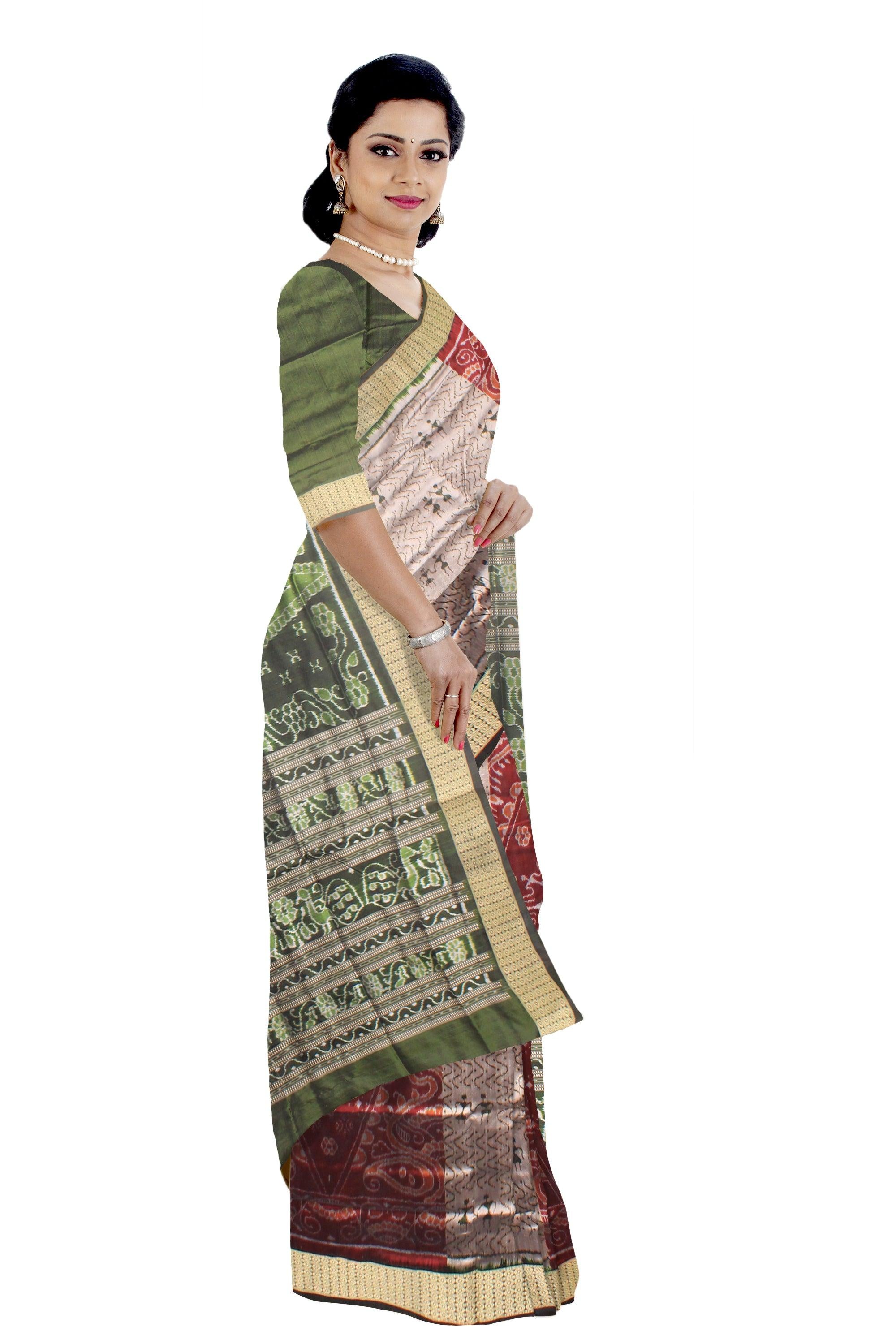 Maroon and gray color Bomkei Sambalpuri pata saree with blouse piece. - Koshali Arts & Crafts Enterprise