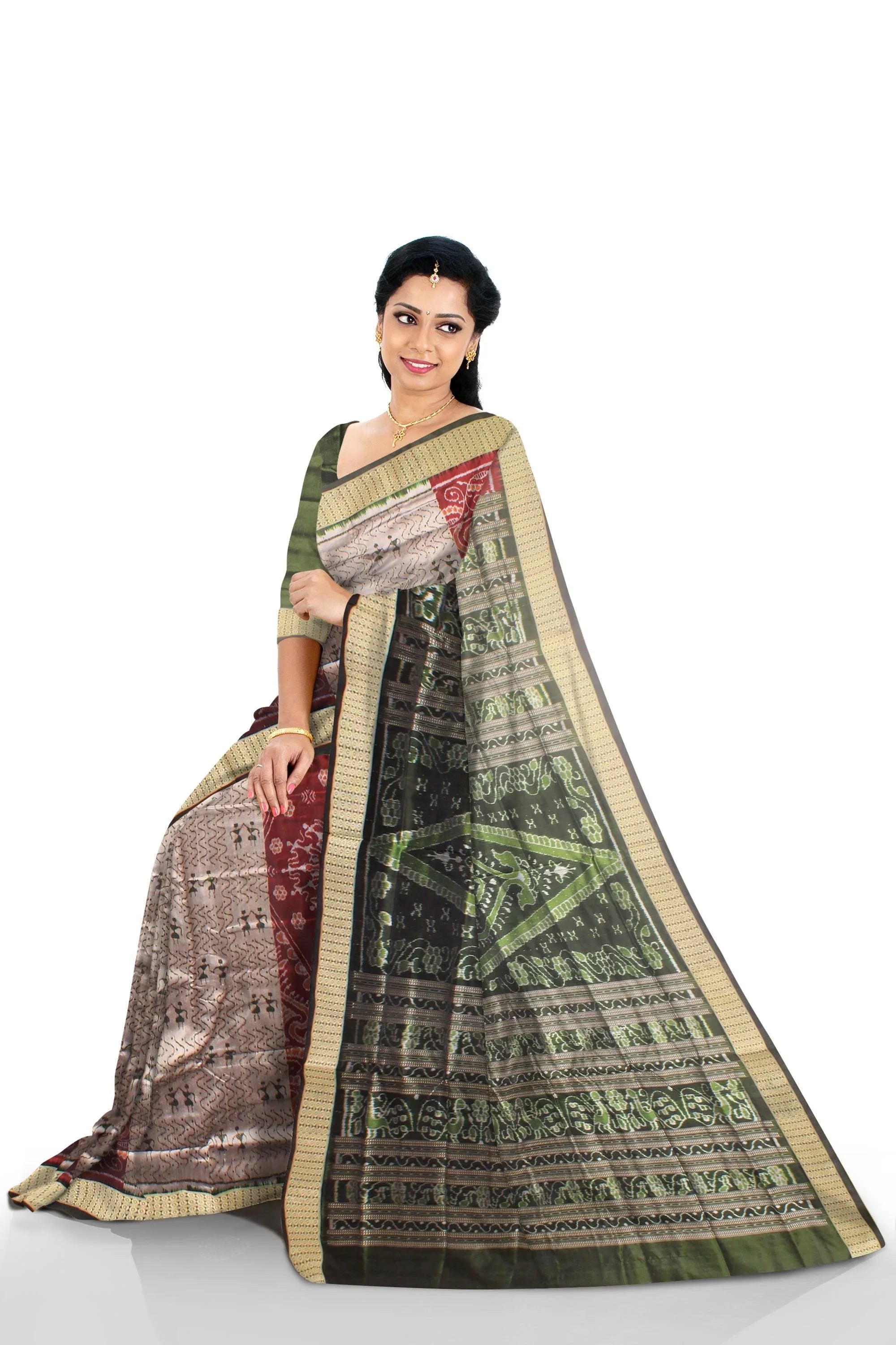 Maroon and gray color Bomkei Sambalpuri pata saree with blouse piece. - Koshali Arts & Crafts Enterprise
