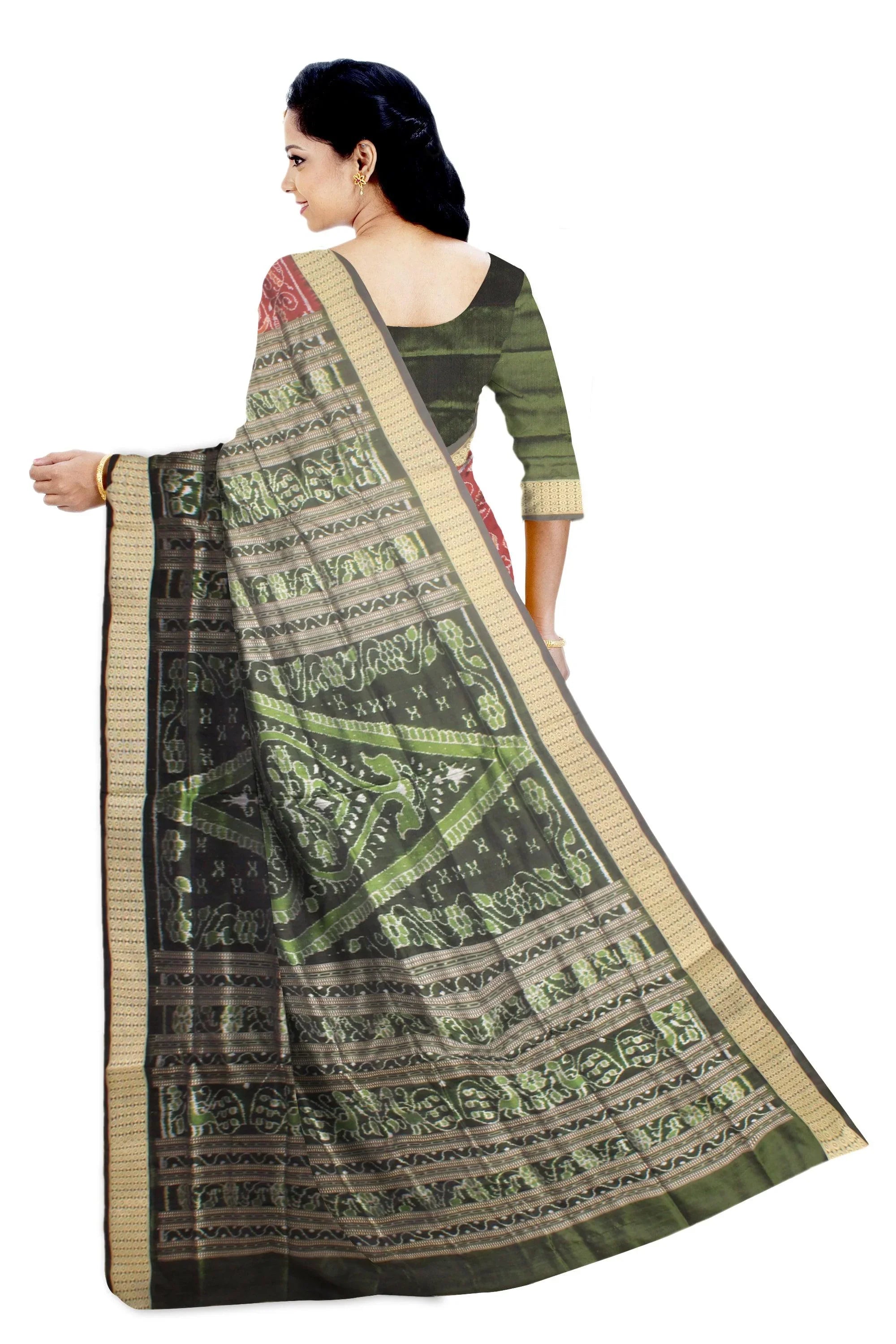 Maroon and gray color Bomkei Sambalpuri pata saree with blouse piece. - Koshali Arts & Crafts Enterprise