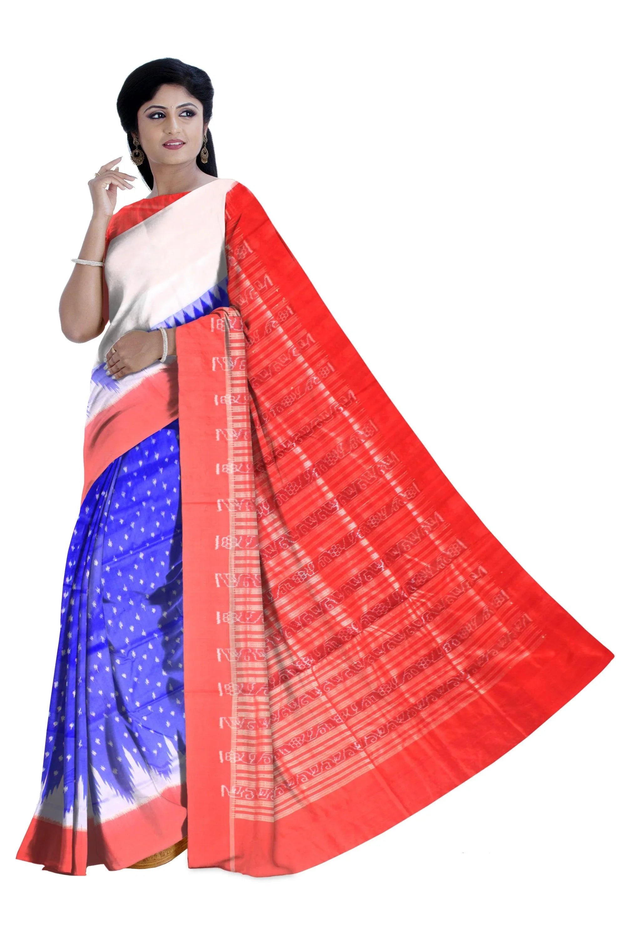 Sambalpuri pata saree in zig zag booty design body, Dark Blue color base with blouse piece. - Koshali Arts & Crafts Enterprise