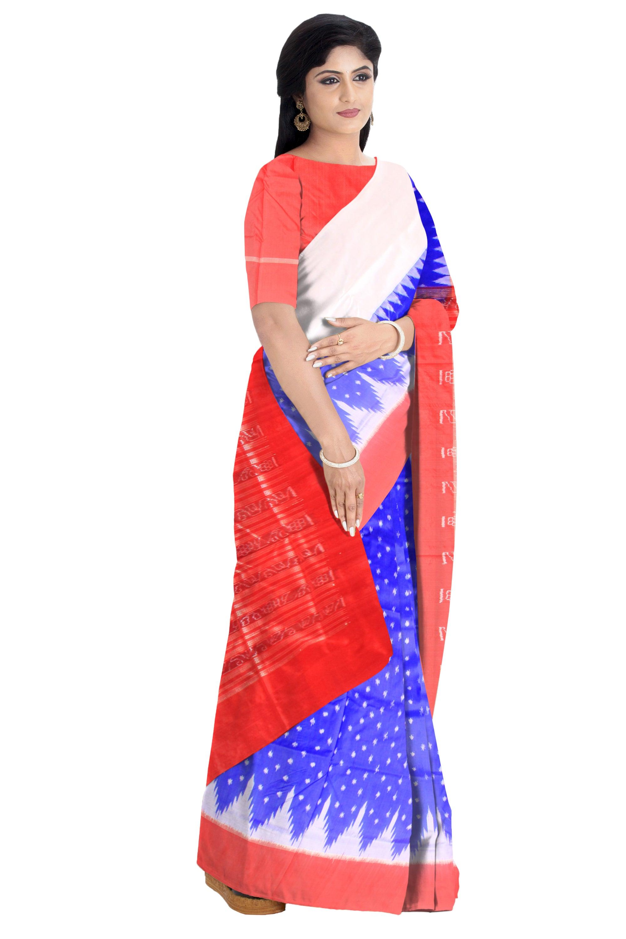 Sambalpuri pata saree in zig zag booty design body, Dark Blue color base with blouse piece. - Koshali Arts & Crafts Enterprise