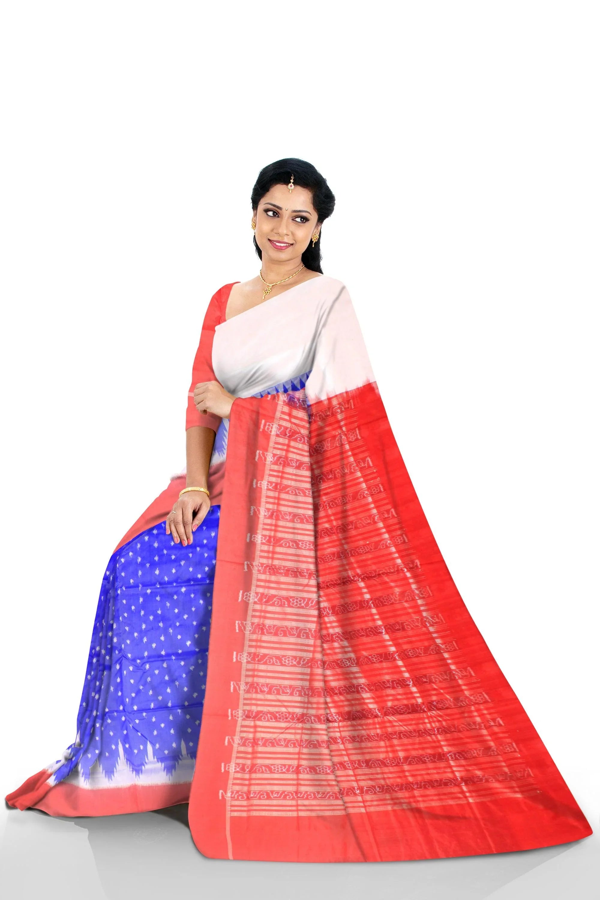 Sambalpuri pata saree in zig zag booty design body, Dark Blue color base with blouse piece. - Koshali Arts & Crafts Enterprise