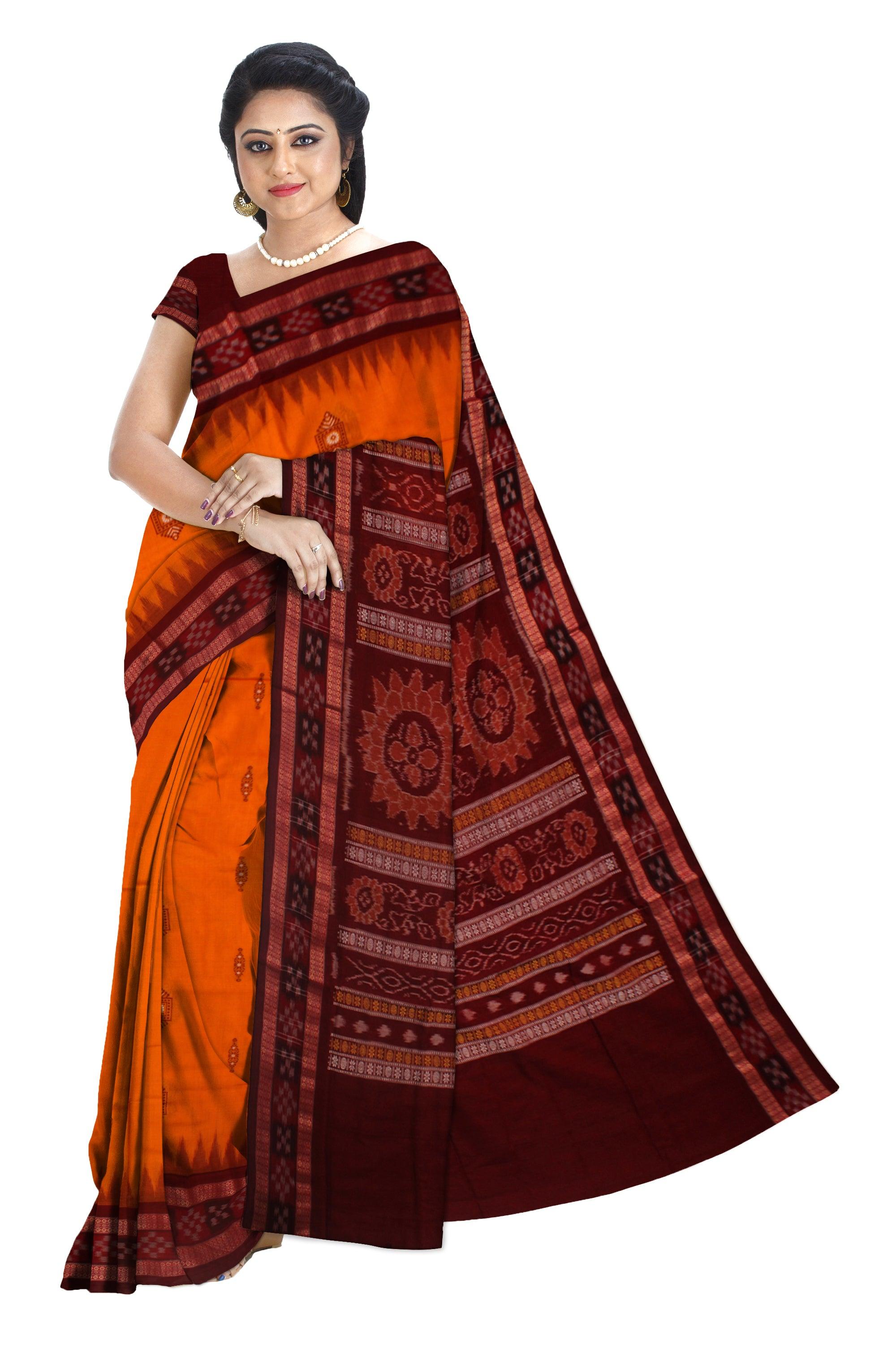 BANDHA PATTERN DHADI SAPTA COTTON SAREE IN YELLOW AND MAROON COLOR BASE, ATTACHED WITH BLOUSE. - Koshali Arts & Crafts Enterprise