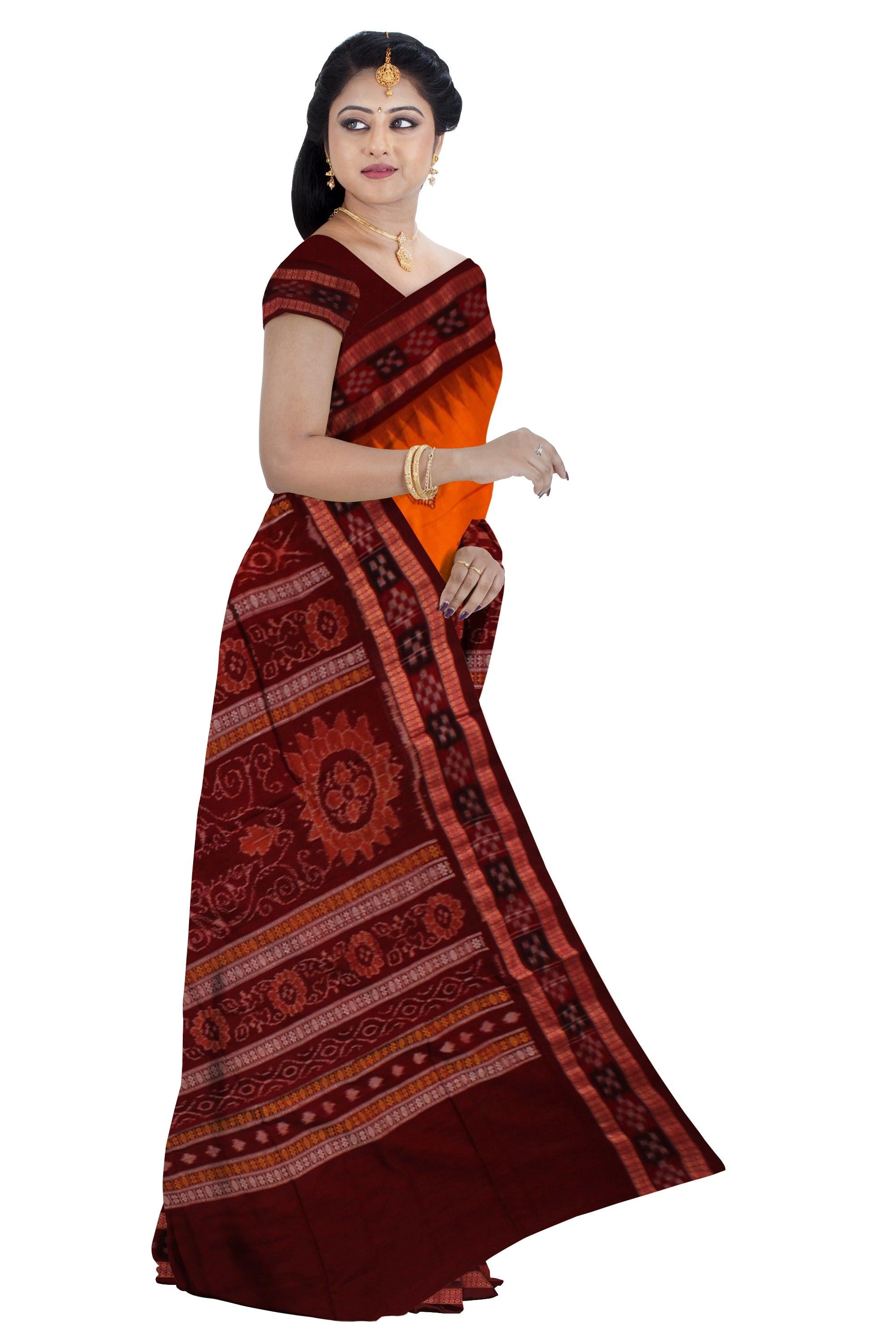 BANDHA PATTERN DHADI SAPTA COTTON SAREE IN YELLOW AND MAROON COLOR BASE, ATTACHED WITH BLOUSE. - Koshali Arts & Crafts Enterprise