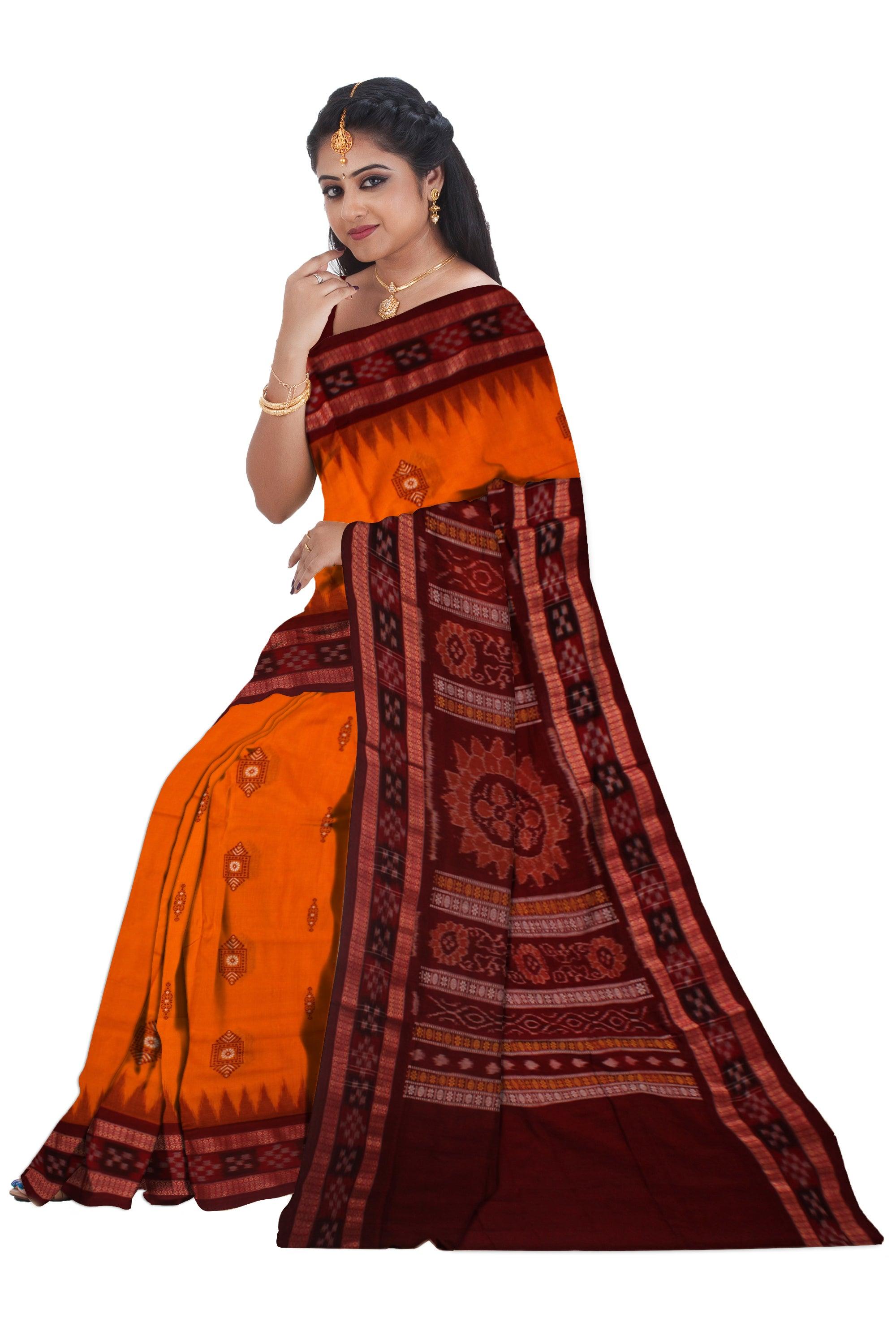 BANDHA PATTERN DHADI SAPTA COTTON SAREE IN YELLOW AND MAROON COLOR BASE, ATTACHED WITH BLOUSE. - Koshali Arts & Crafts Enterprise