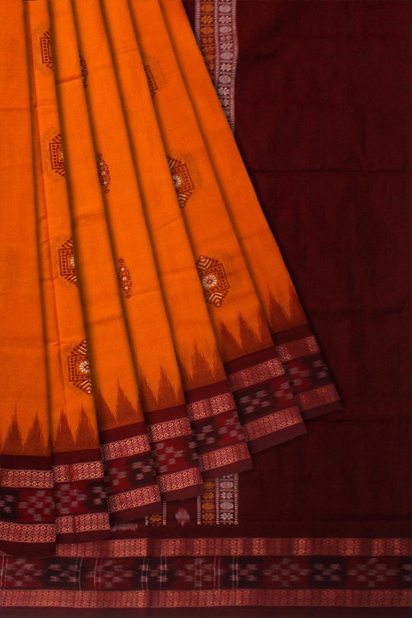 BANDHA PATTERN DHADI SAPTA COTTON SAREE IN YELLOW AND MAROON COLOR BASE, ATTACHED WITH BLOUSE. - Koshali Arts & Crafts Enterprise