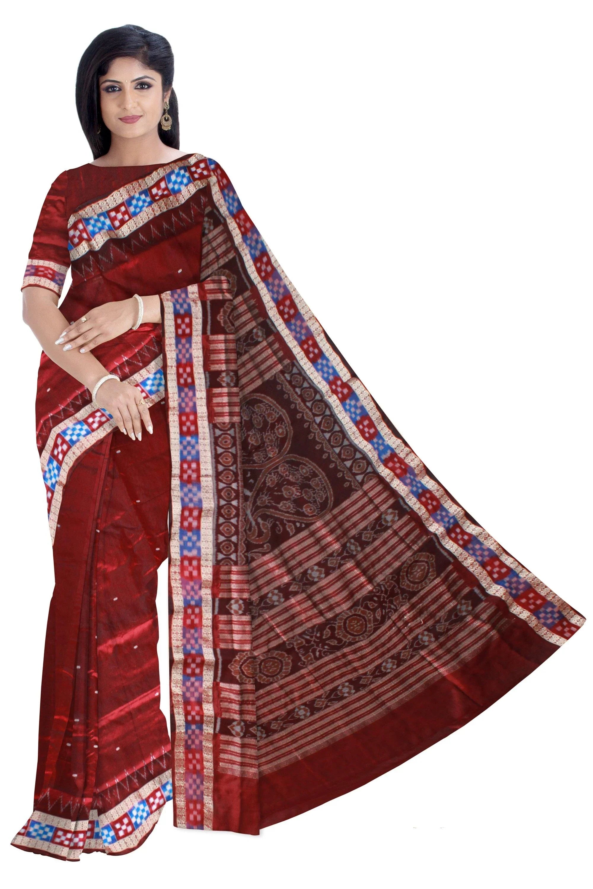 Double color Pasapali border Maroon with coffee color Pata saree with blouse piece. - Koshali Arts & Crafts Enterprise