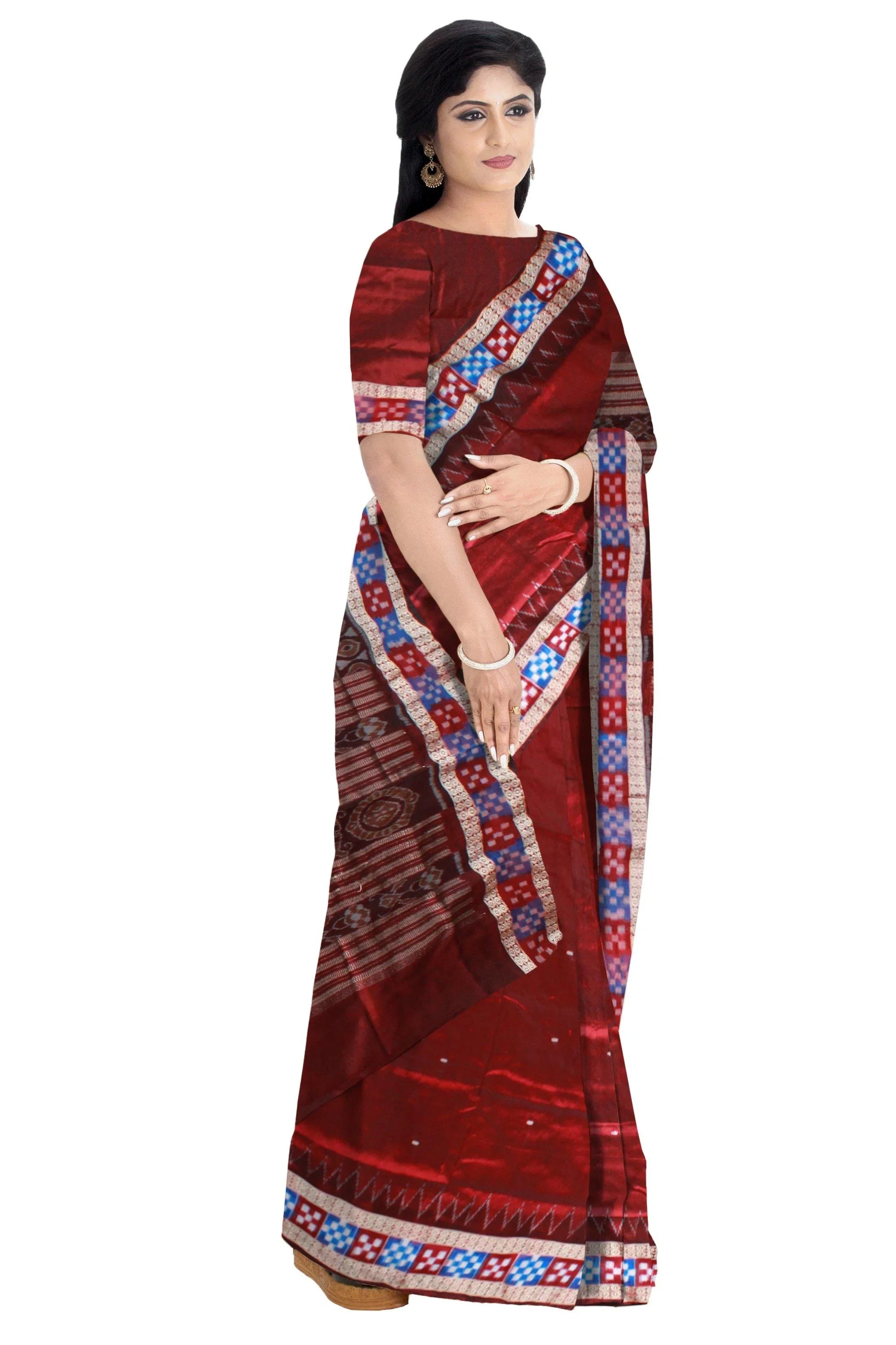 Double color Pasapali border Maroon with coffee color Pata saree with blouse piece. - Koshali Arts & Crafts Enterprise