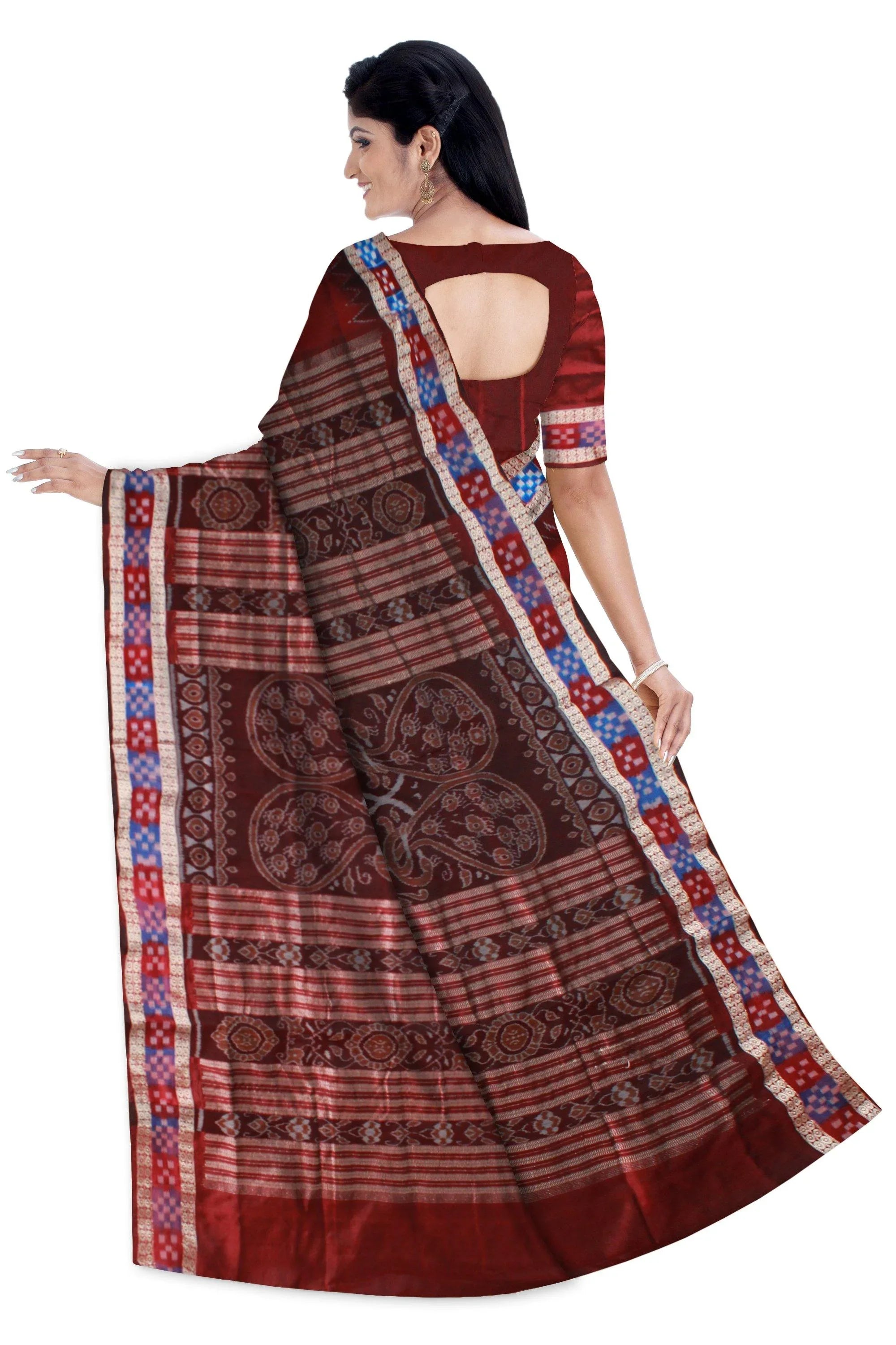 Double color Pasapali border Maroon with coffee color Pata saree with blouse piece. - Koshali Arts & Crafts Enterprise