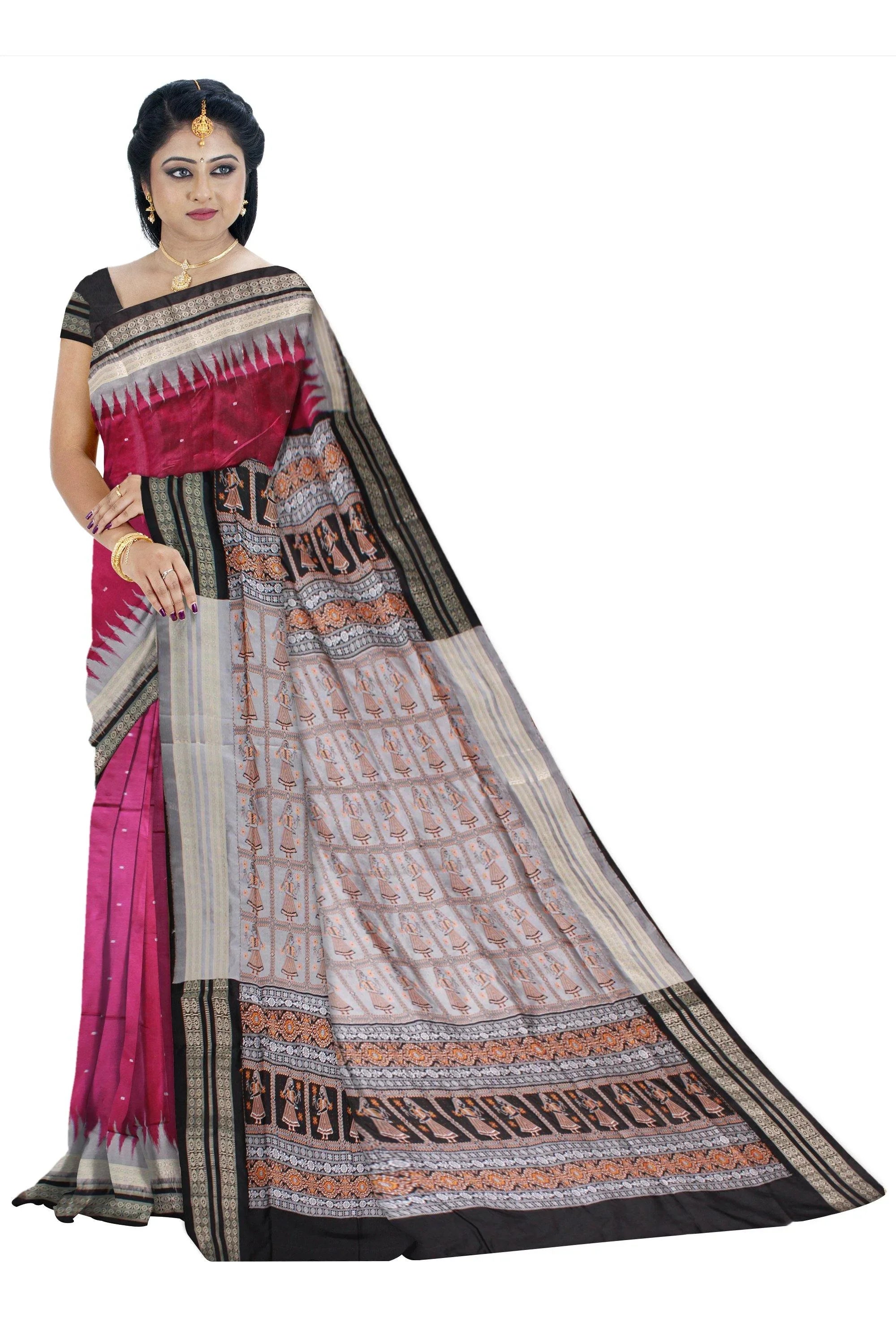 Dark Pink and silver color buti pattern pata saree with pallu doll print ,available with blouse piece. - Koshali Arts & Crafts Enterprise