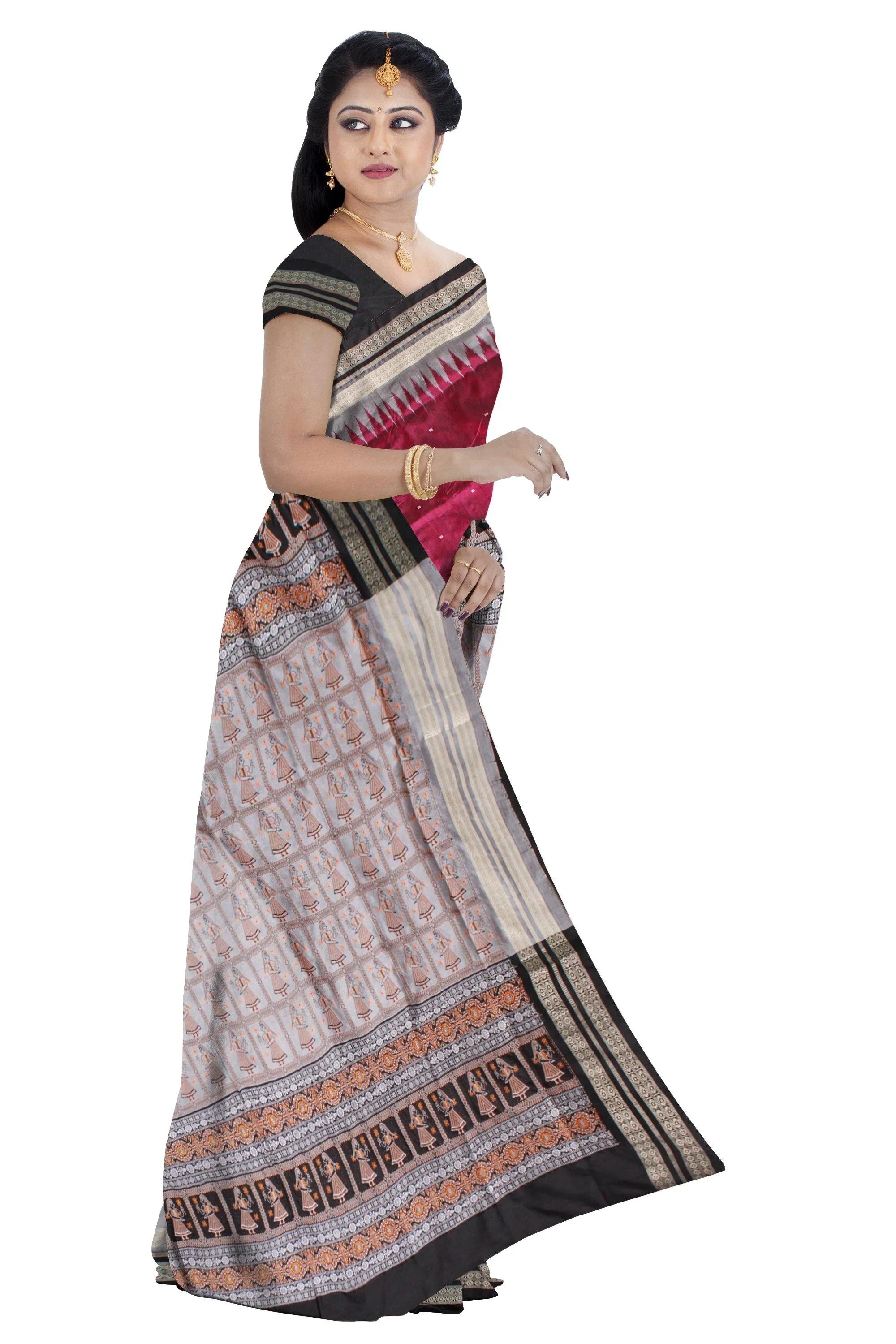 Dark Pink and silver color buti pattern pata saree with pallu doll print ,available with blouse piece. - Koshali Arts & Crafts Enterprise