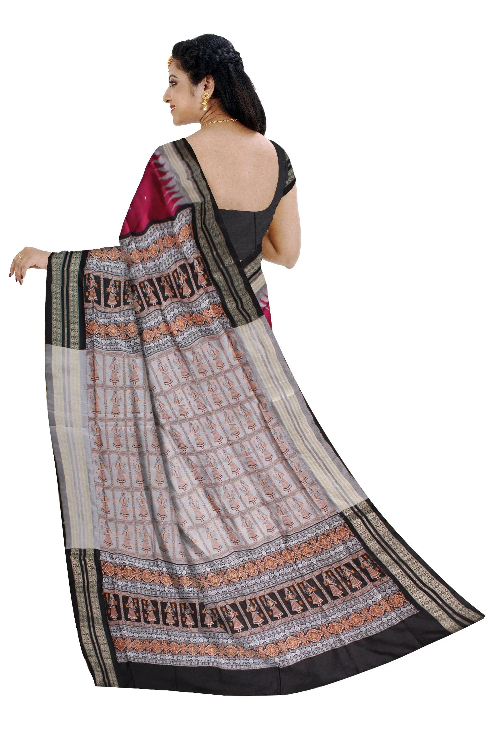 Dark Pink and silver color buti pattern pata saree with pallu doll print ,available with blouse piece. - Koshali Arts & Crafts Enterprise