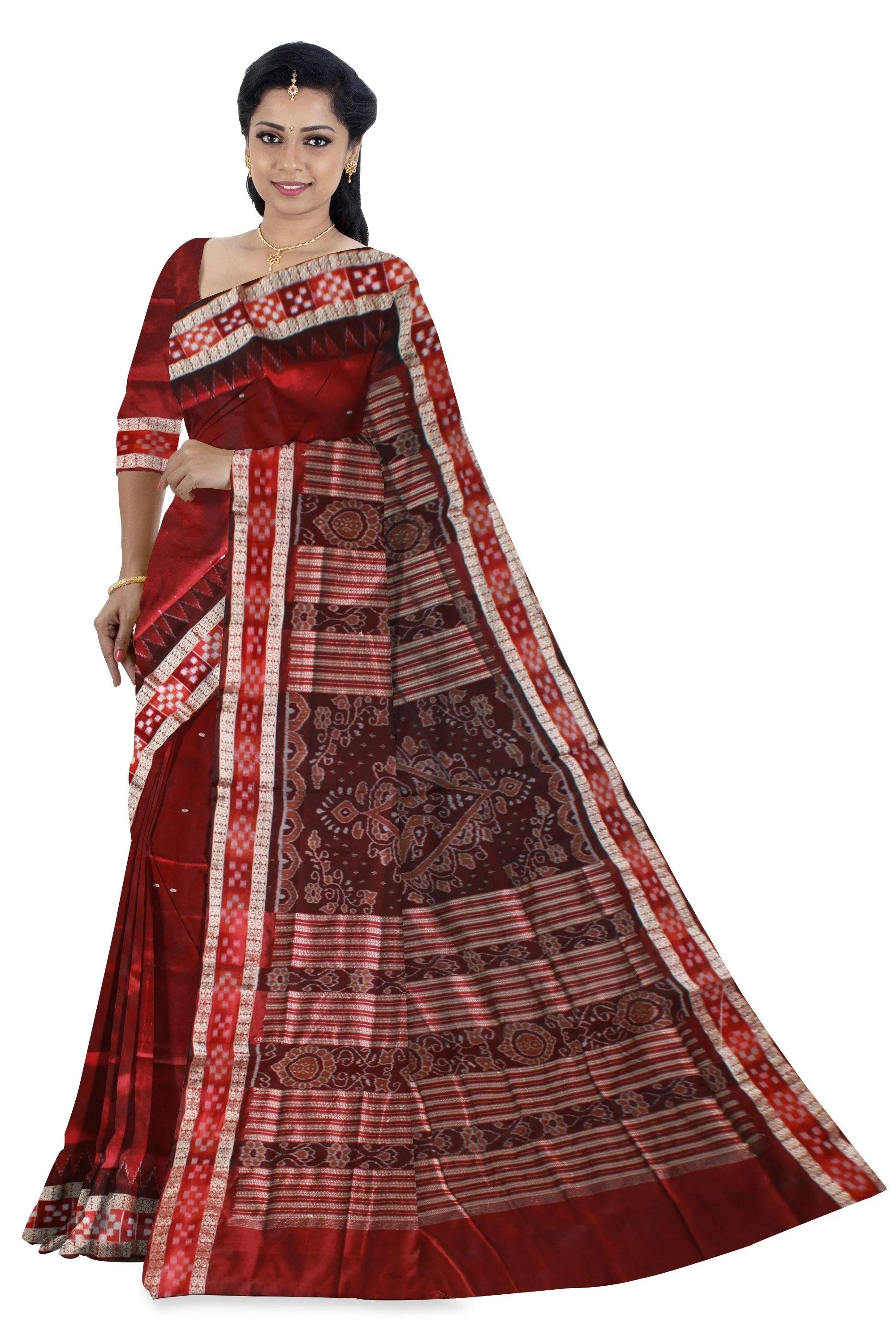 Maroon color Dhadi Pasapali border Pata saree with blouse piece. - Koshali Arts & Crafts Enterprise