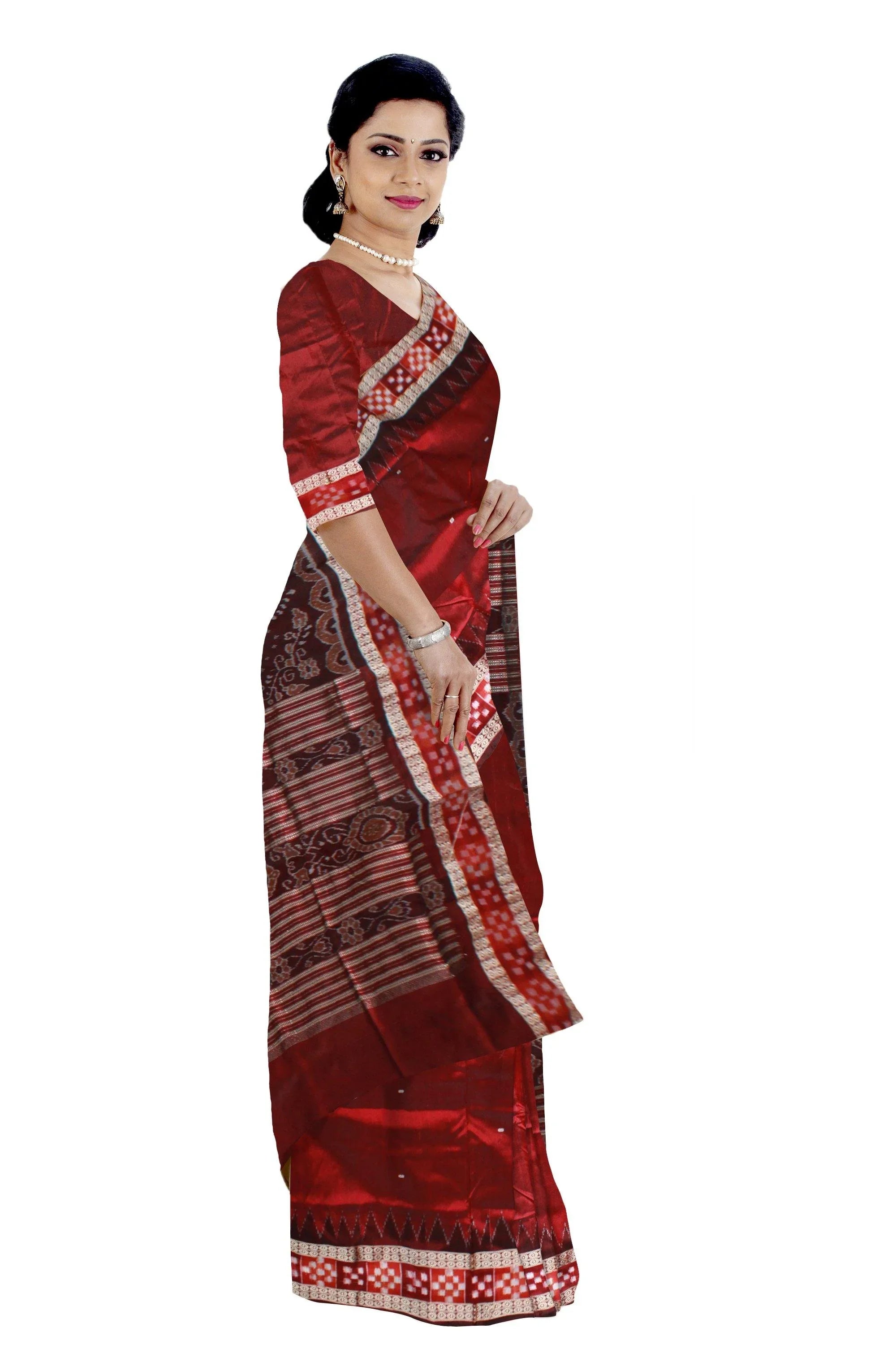 Maroon color Dhadi Pasapali border Pata saree with blouse piece. - Koshali Arts & Crafts Enterprise