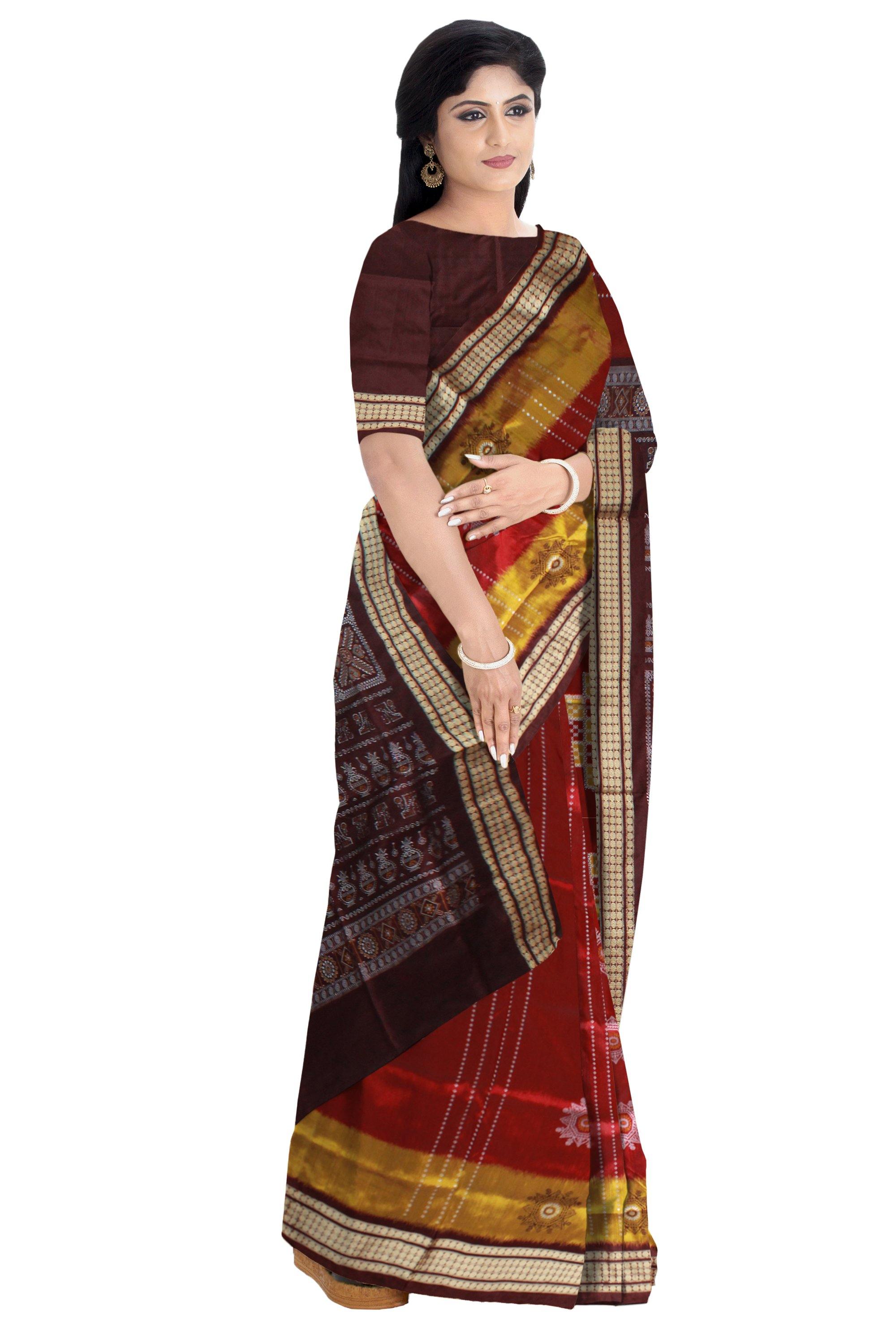 Maroon color Sapta print Pata saree with blouse piece - Koshali Arts & Crafts Enterprise