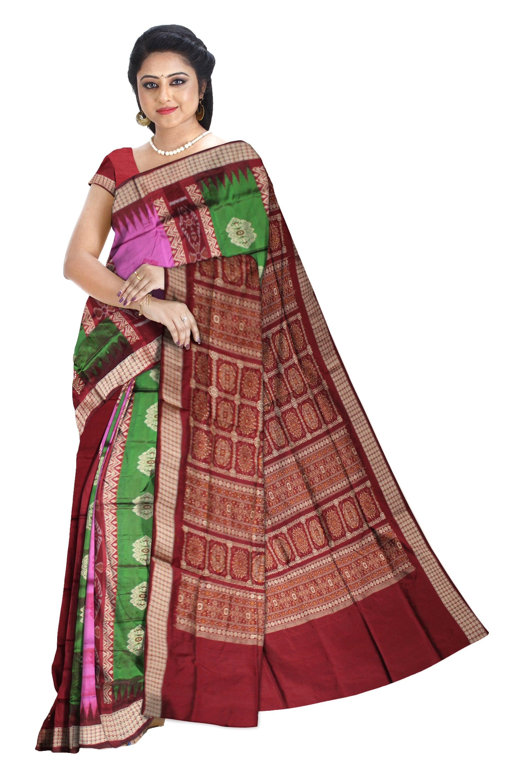 MAROON,GREEN AND PINK COLOR PATLI PATA SAREE , WITH BLOUSE PIECE. - Koshali Arts & Crafts Enterprise