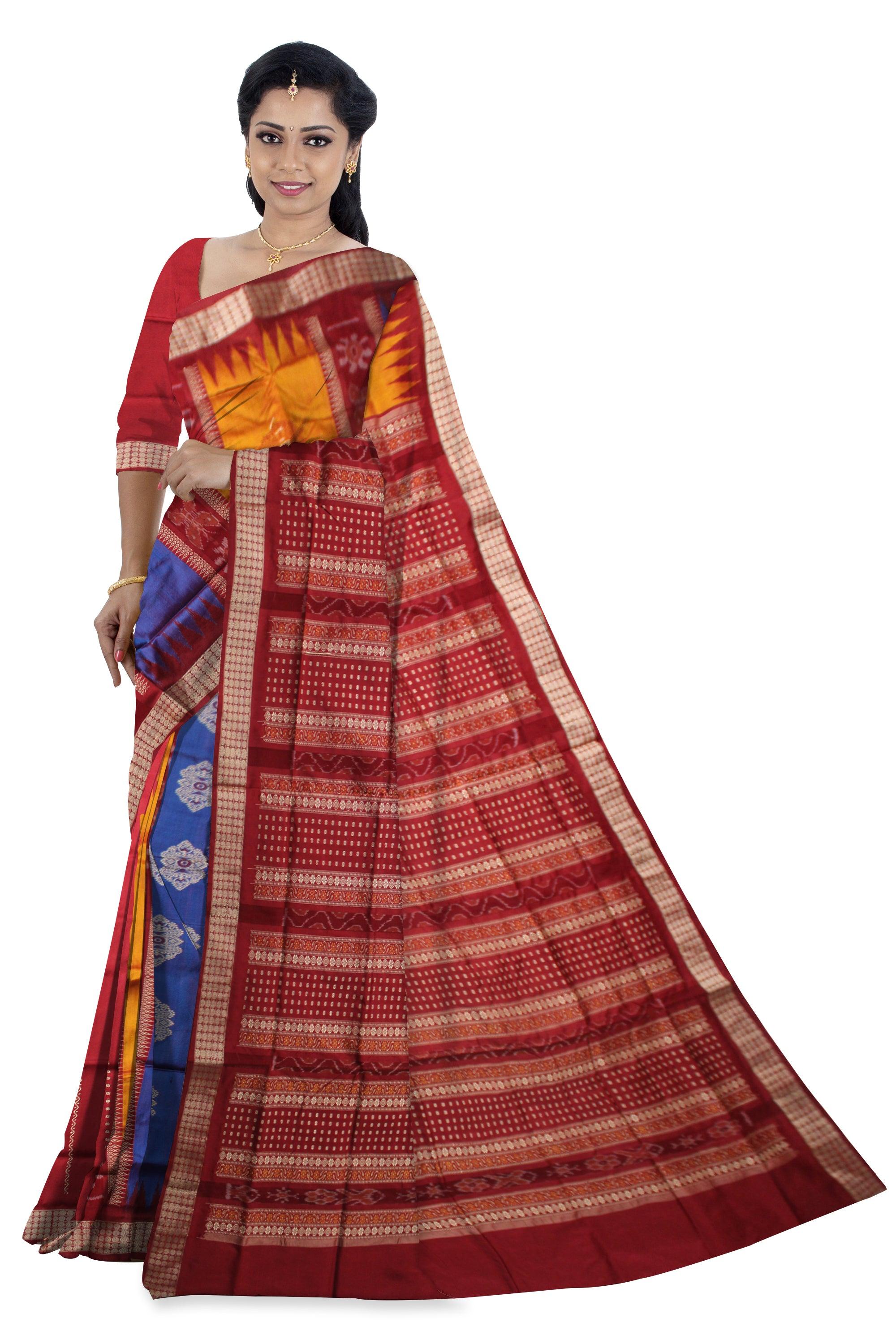 A PATLI PATA SAREE IN YELLOW,BLUE AND RED COLOR , ATTACHED WITH BLOUSE PIECE. - Koshali Arts & Crafts Enterprise