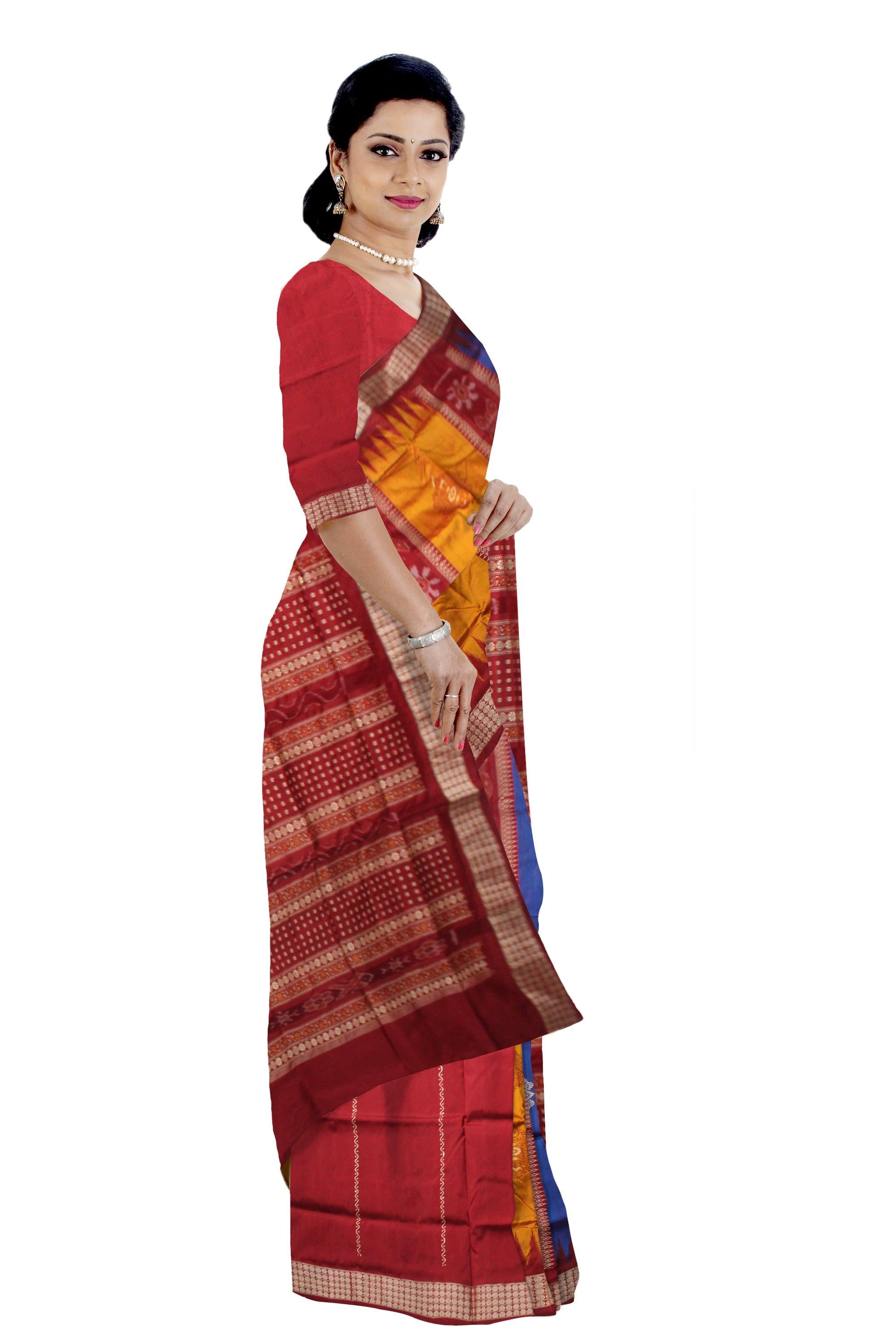 A PATLI PATA SAREE IN YELLOW,BLUE AND RED COLOR , ATTACHED WITH BLOUSE PIECE. - Koshali Arts & Crafts Enterprise