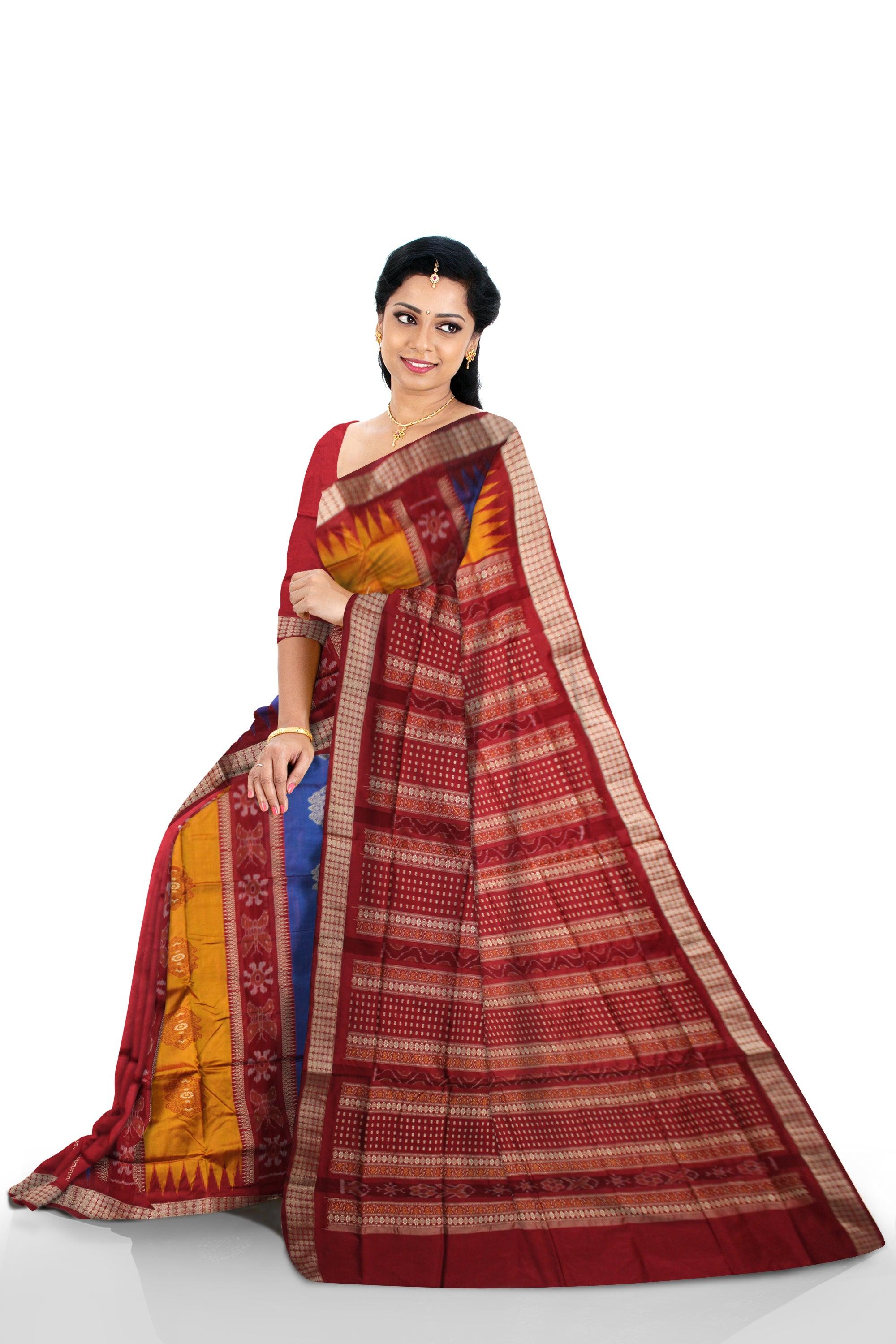 A PATLI PATA SAREE IN YELLOW,BLUE AND RED COLOR , ATTACHED WITH BLOUSE PIECE. - Koshali Arts & Crafts Enterprise