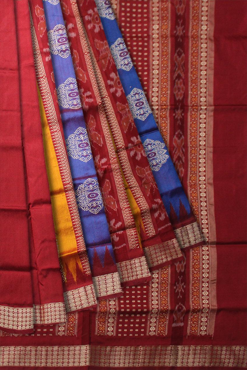 A PATLI PATA SAREE IN YELLOW,BLUE AND RED COLOR , ATTACHED WITH BLOUSE PIECE. - Koshali Arts & Crafts Enterprise