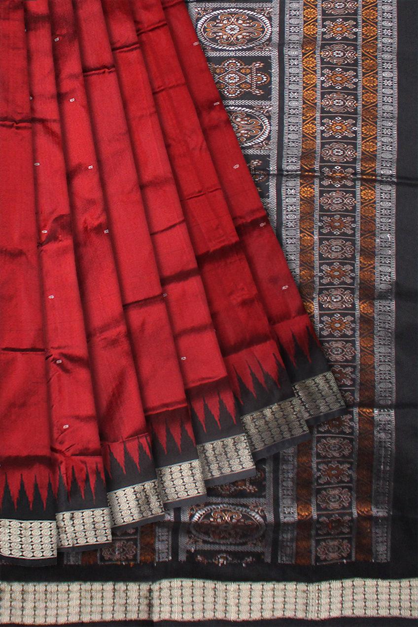 MAROON AND BLACK COLOR BOOTY PATTERN PATA SAREE, WITH PALLU NEW DESIGN BOMKEI PATTERN, AVAILABLE WITH BLOUSE PIECE. - Koshali Arts & Crafts Enterprise