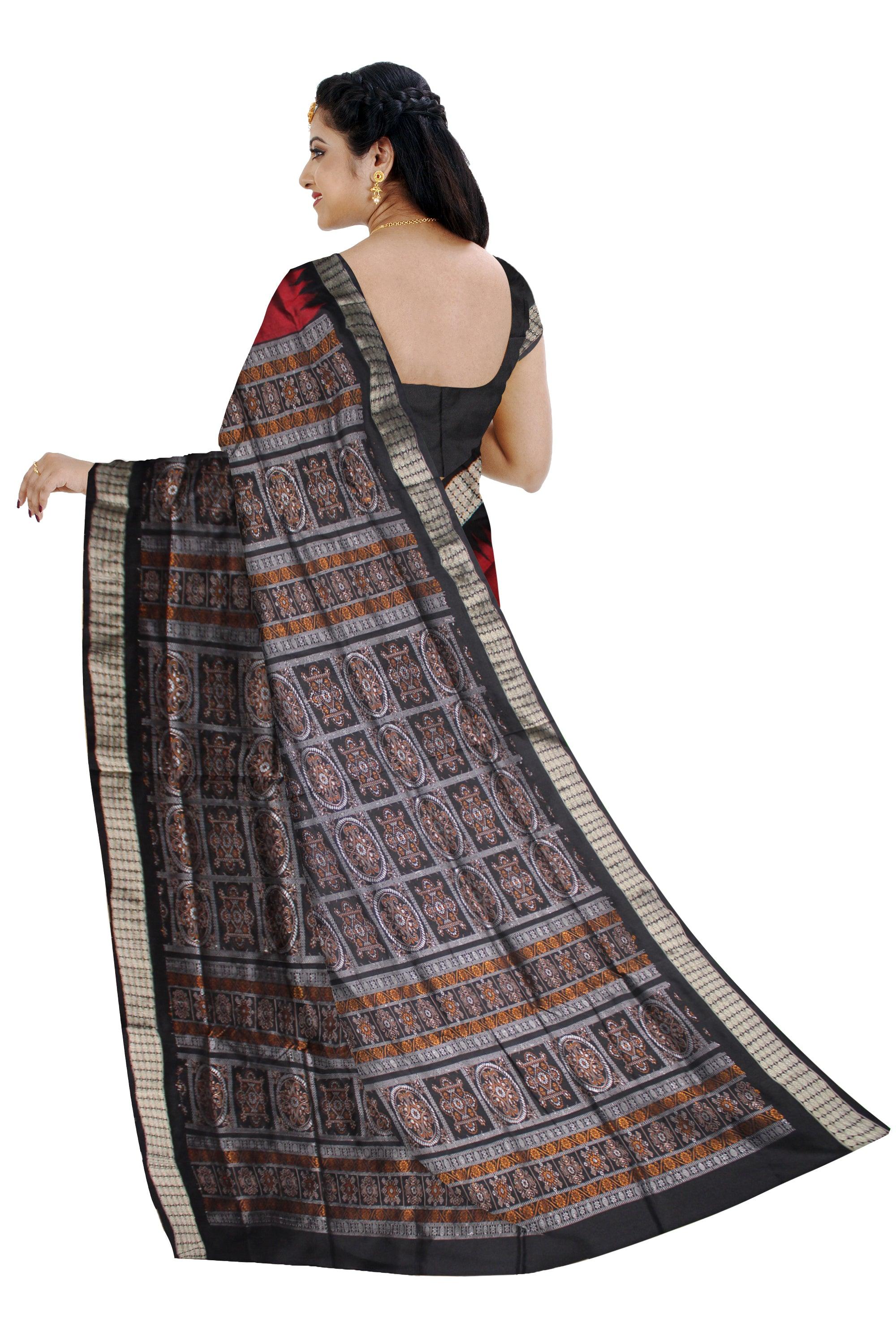 MAROON AND BLACK COLOR BOOTY PATTERN PATA SAREE, WITH PALLU NEW DESIGN BOMKEI PATTERN, AVAILABLE WITH BLOUSE PIECE. - Koshali Arts & Crafts Enterprise