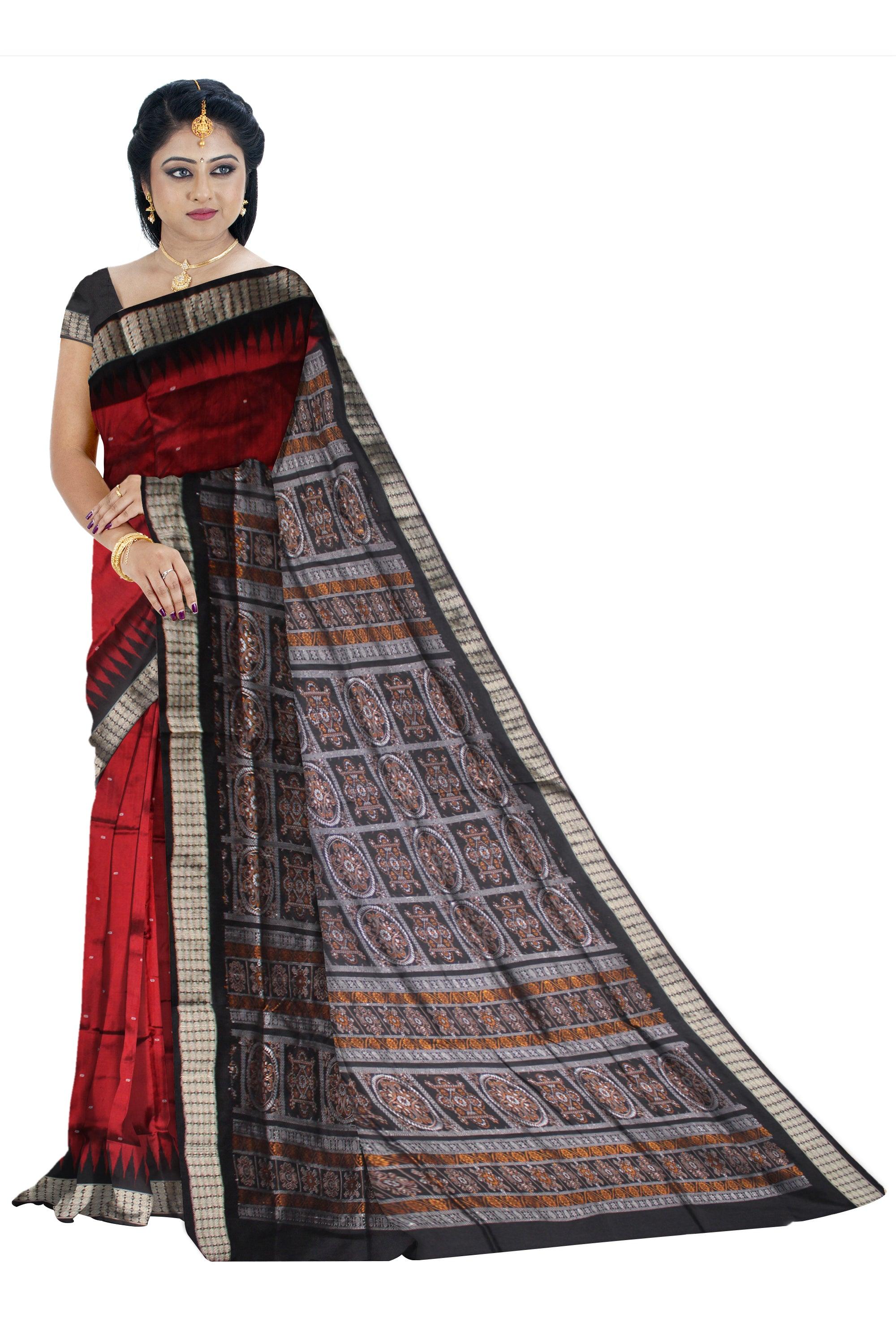 MAROON AND BLACK COLOR BOOTY PATTERN PATA SAREE, WITH PALLU NEW DESIGN BOMKEI PATTERN, AVAILABLE WITH BLOUSE PIECE. - Koshali Arts & Crafts Enterprise
