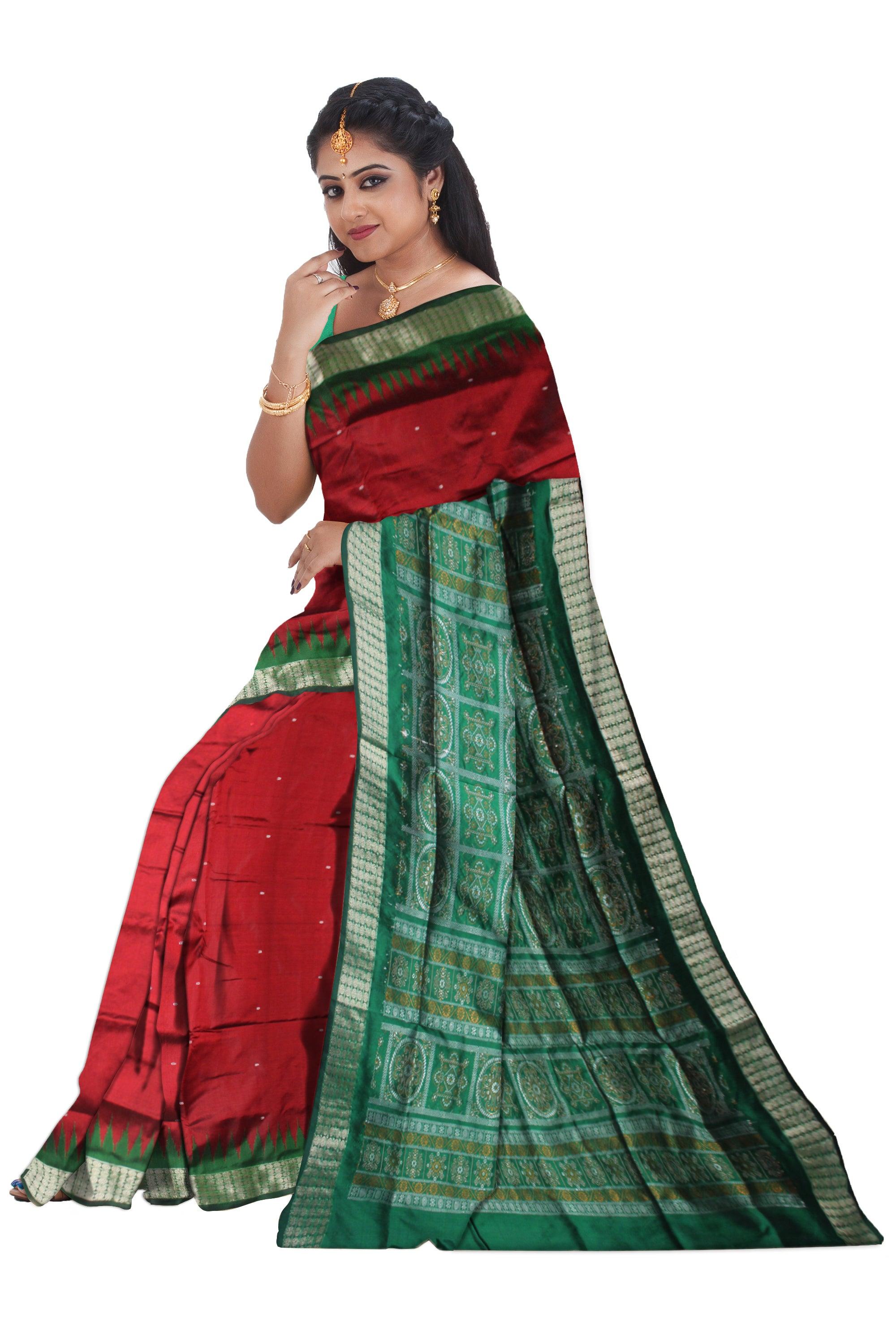 PALLU BOMKEI PATTERN AND BODY BOOTY DESIGN PATA SAREE IN MAROON AND GREEN COLOR, ATTACHED WITH BLOUSE PIECE. - Koshali Arts & Crafts Enterprise