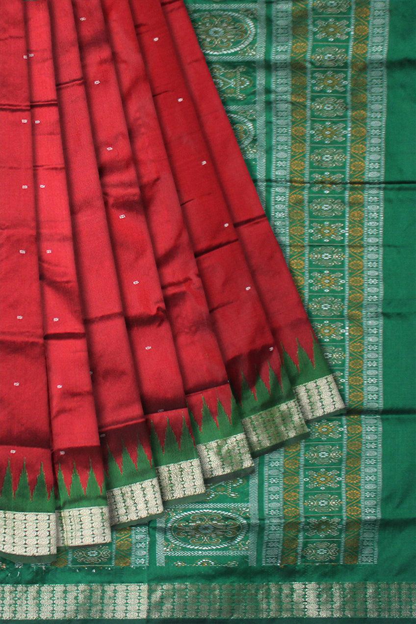 PALLU BOMKEI PATTERN AND BODY BOOTY DESIGN PATA SAREE IN MAROON AND GREEN COLOR, ATTACHED WITH BLOUSE PIECE. - Koshali Arts & Crafts Enterprise