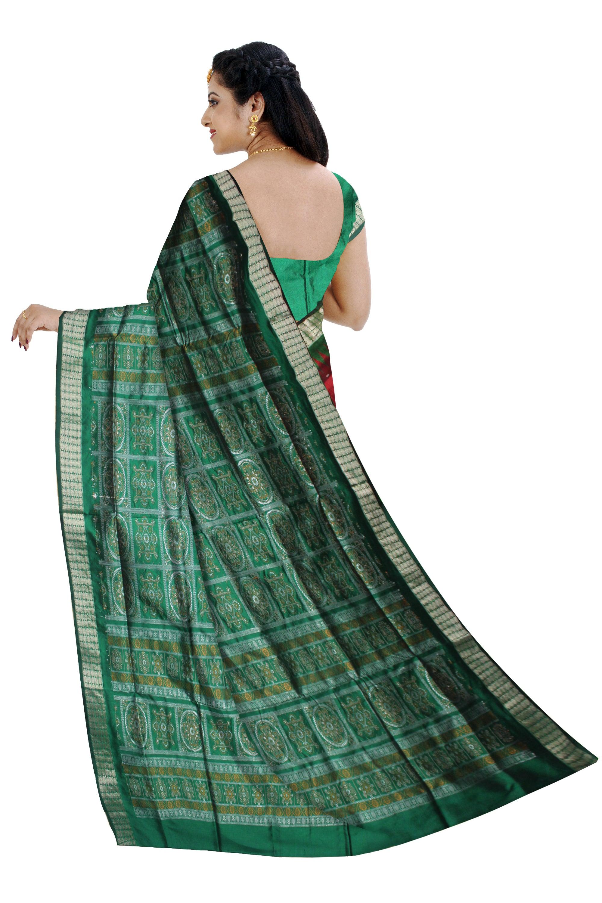 PALLU BOMKEI PATTERN AND BODY BOOTY DESIGN PATA SAREE IN MAROON AND GREEN COLOR, ATTACHED WITH BLOUSE PIECE. - Koshali Arts & Crafts Enterprise