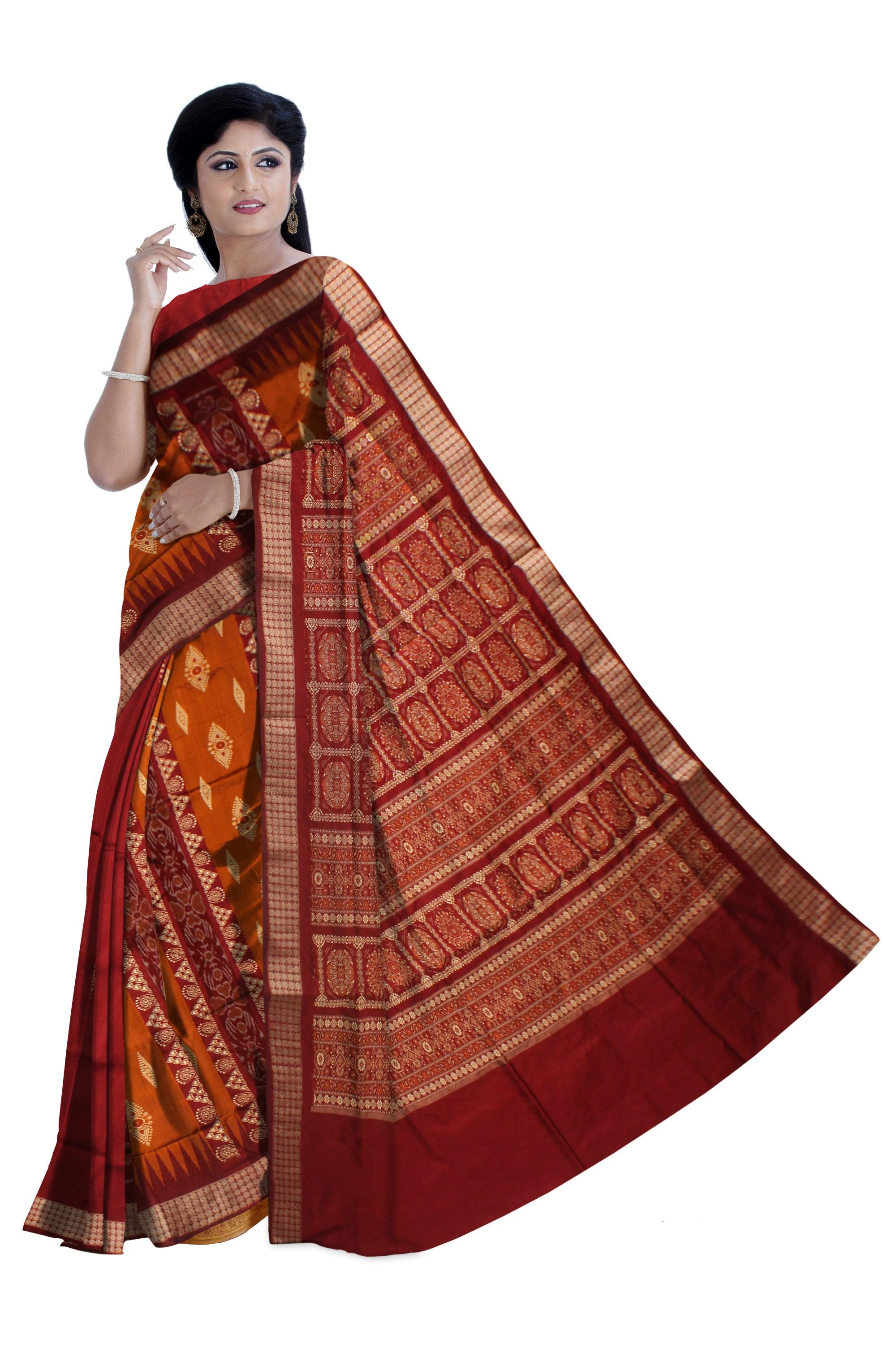 DEEP YELLOW AND MAROON COLOR PATLI PATA SAREE , ATTACHED WITH BLOUSE PIECE. - Koshali Arts & Crafts Enterprise