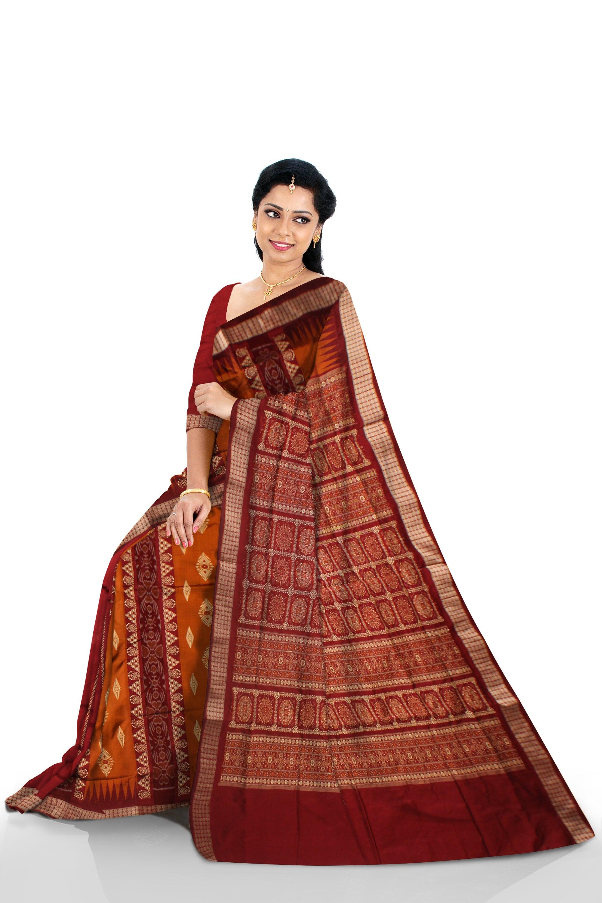 DEEP YELLOW AND MAROON COLOR PATLI PATA SAREE , ATTACHED WITH BLOUSE PIECE. - Koshali Arts & Crafts Enterprise