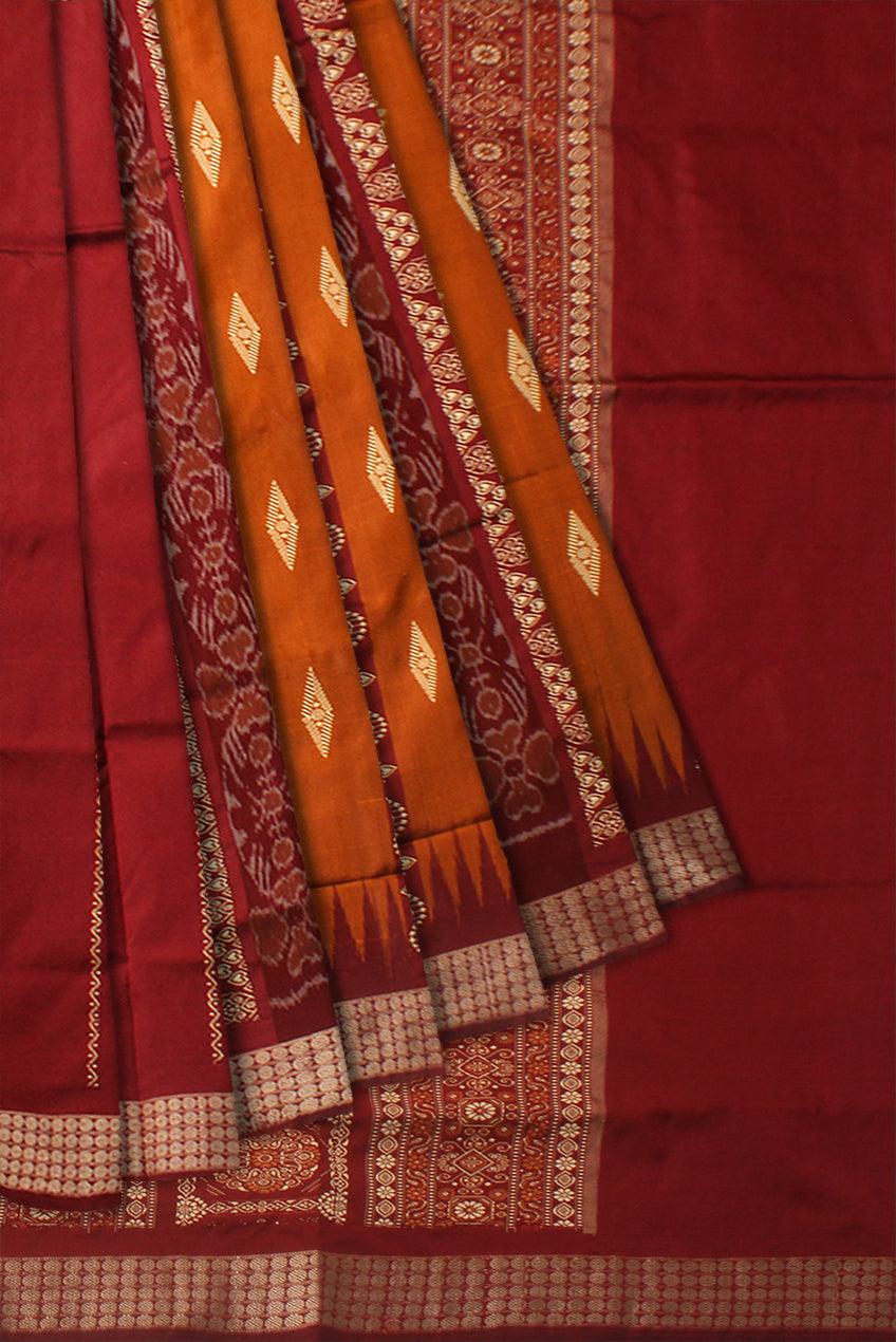 DEEP YELLOW AND MAROON COLOR PATLI PATA SAREE , ATTACHED WITH BLOUSE PIECE. - Koshali Arts & Crafts Enterprise