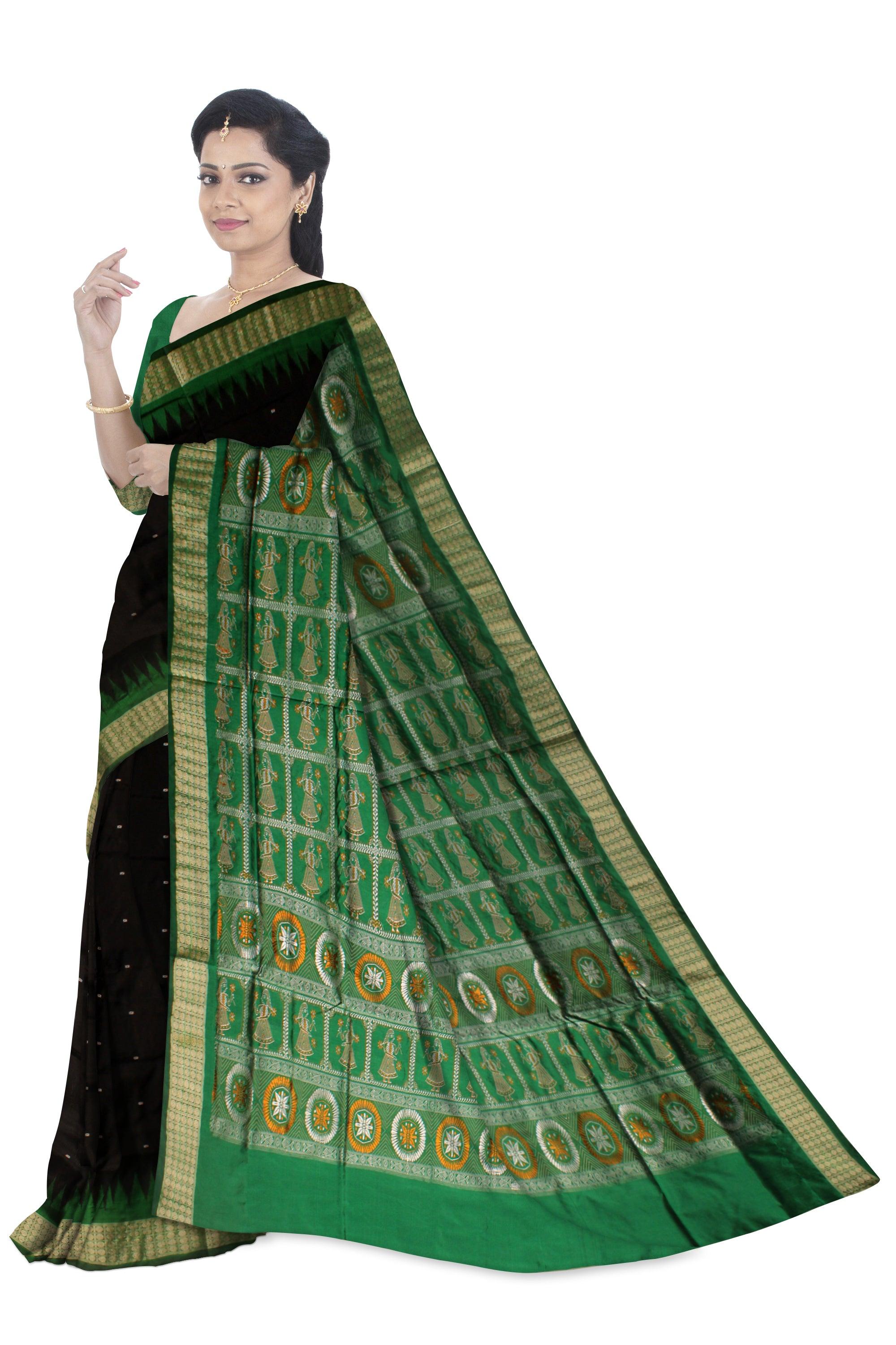 PALLU DOLL PRINT AND BODY BOOTY PATTERN DESIGN IN BLACK AND GREEN COLOR BASE, ATTACHED WITH BLOUSE. - Koshali Arts & Crafts Enterprise