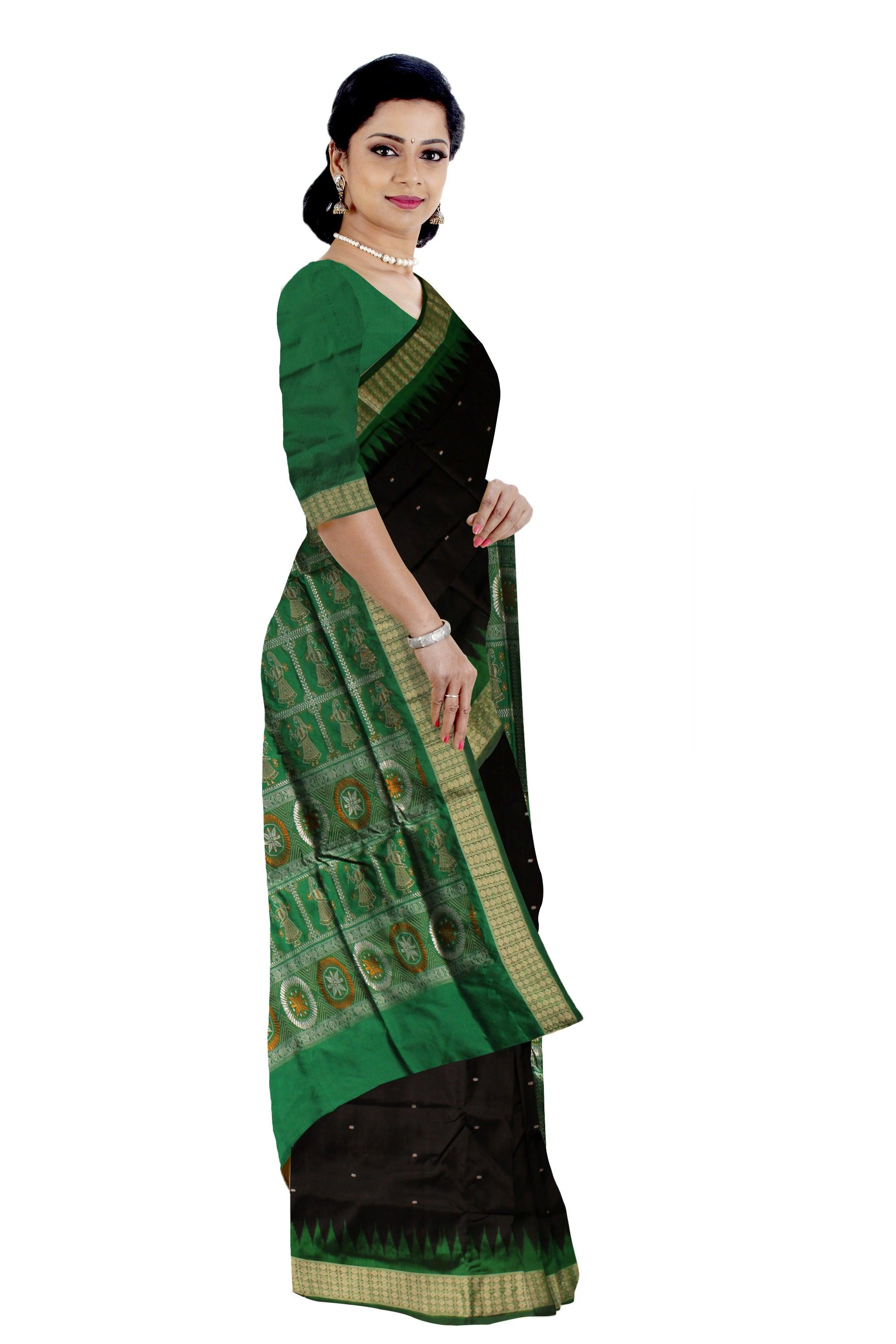 PALLU DOLL PRINT AND BODY BOOTY PATTERN DESIGN IN BLACK  AND GREEN COLOR BASE, ATTACHED WITH BLOUSE. - Koshali Arts & Crafts Enterprise