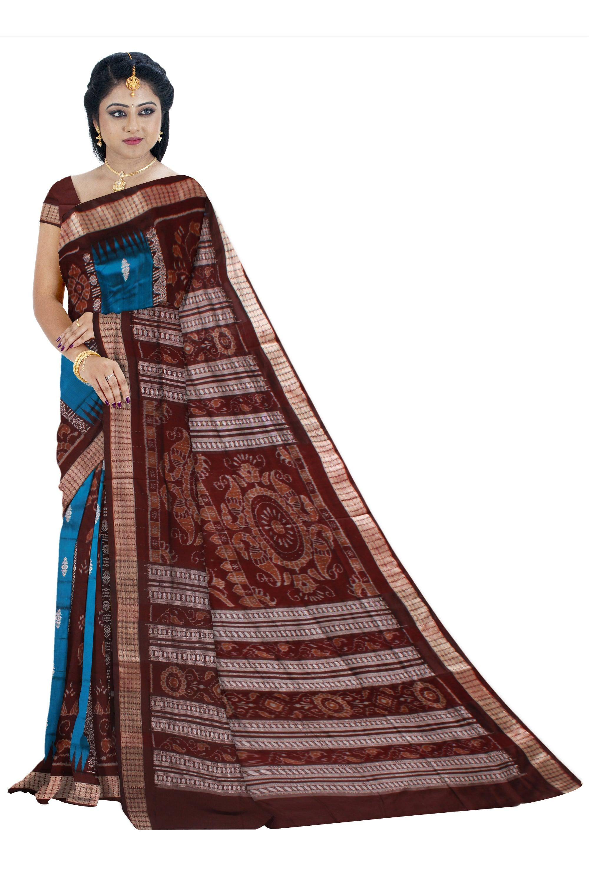 LIGHT BLUE AND COFFEE COLOR  BOMKEI PATTERN PATA SAREE , COMES WITH BLOUSE PIECE. - Koshali Arts & Crafts Enterprise