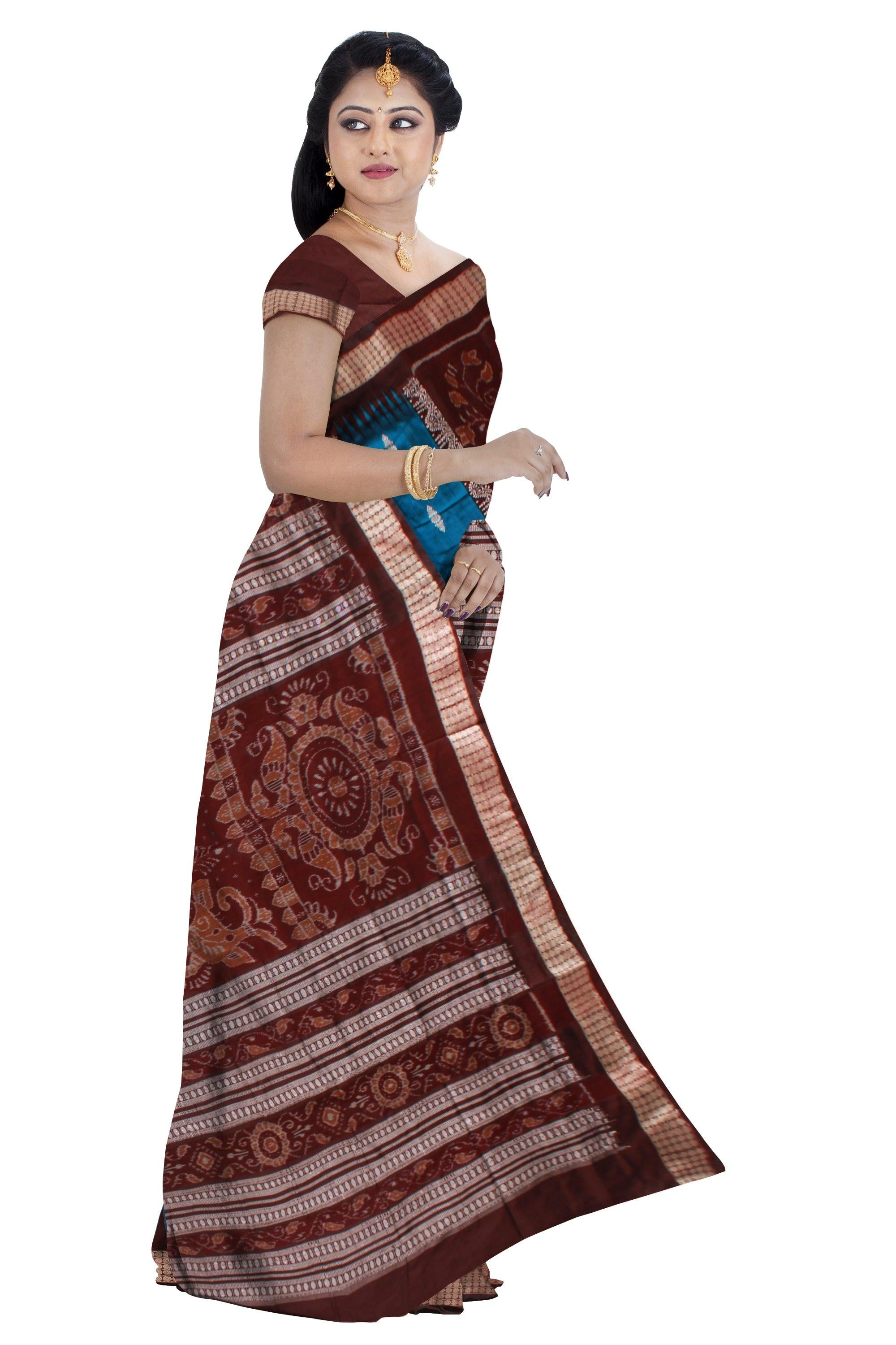LIGHT BLUE AND COFFEE COLOR BOMKEI PATTERN PATA SAREE , COMES WITH BLOUSE PIECE. - Koshali Arts & Crafts Enterprise
