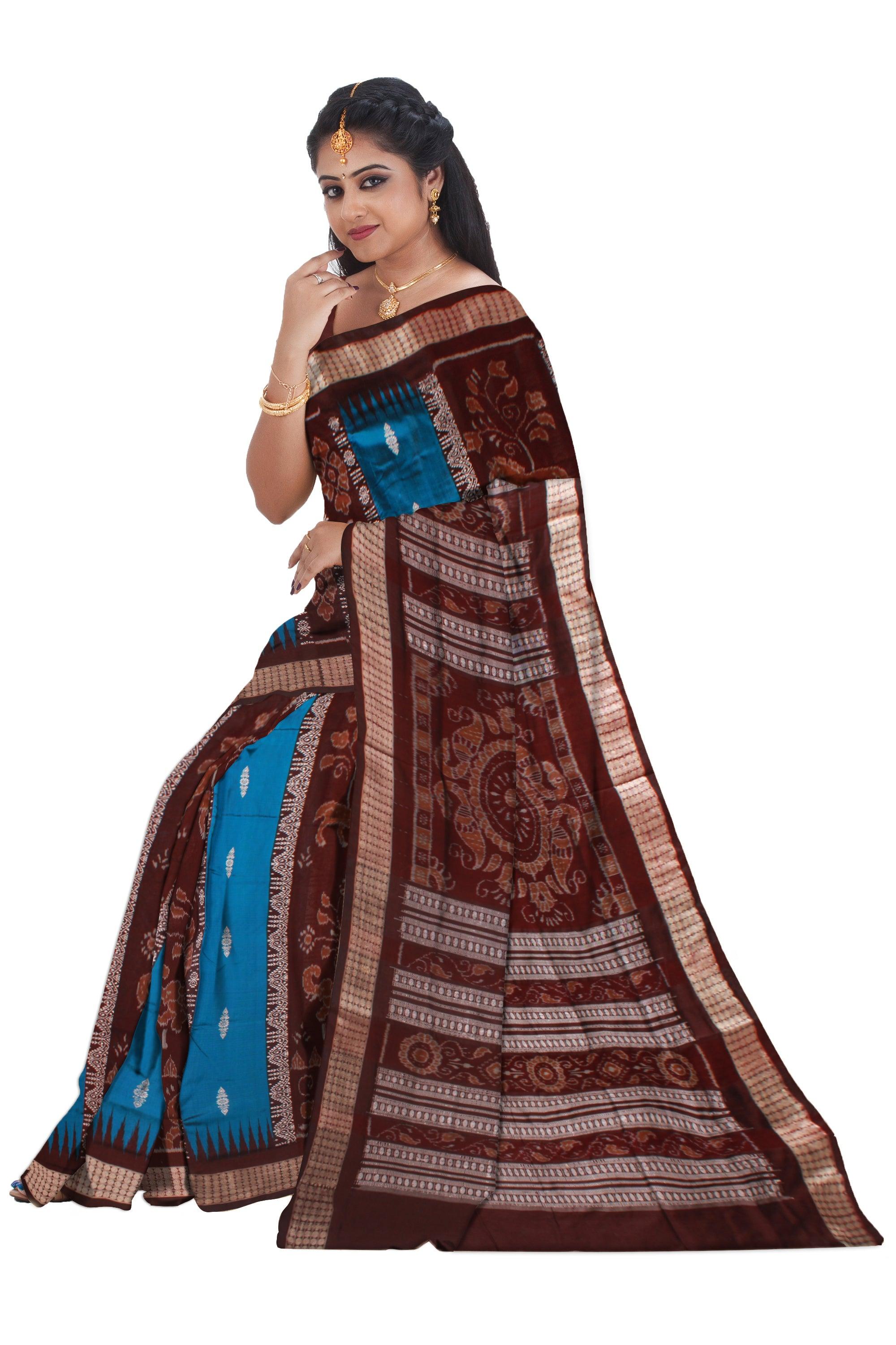 LIGHT BLUE AND COFFEE COLOR  BOMKEI PATTERN PATA SAREE , COMES WITH BLOUSE PIECE. - Koshali Arts & Crafts Enterprise
