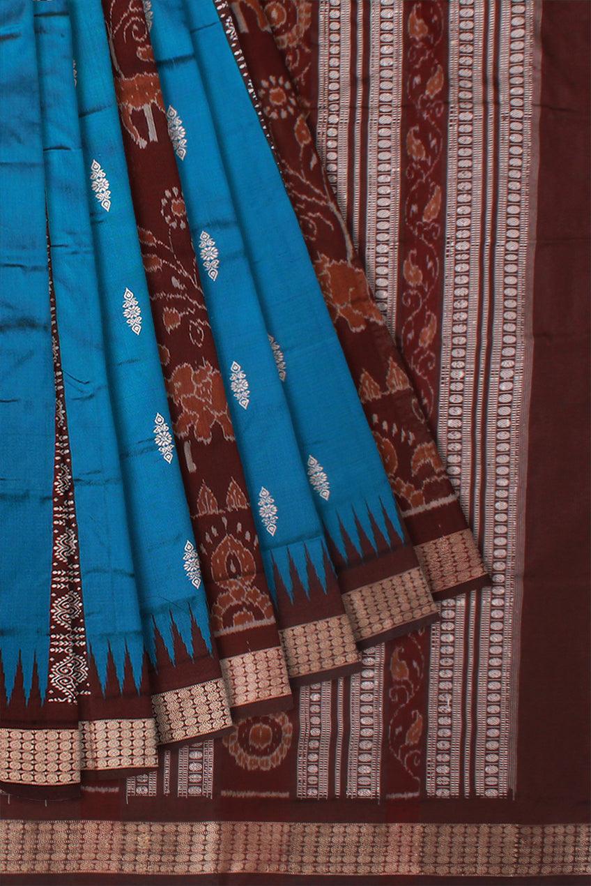 LIGHT BLUE AND COFFEE COLOR BOMKEI PATTERN PATA SAREE , COMES WITH BLOUSE PIECE. - Koshali Arts & Crafts Enterprise