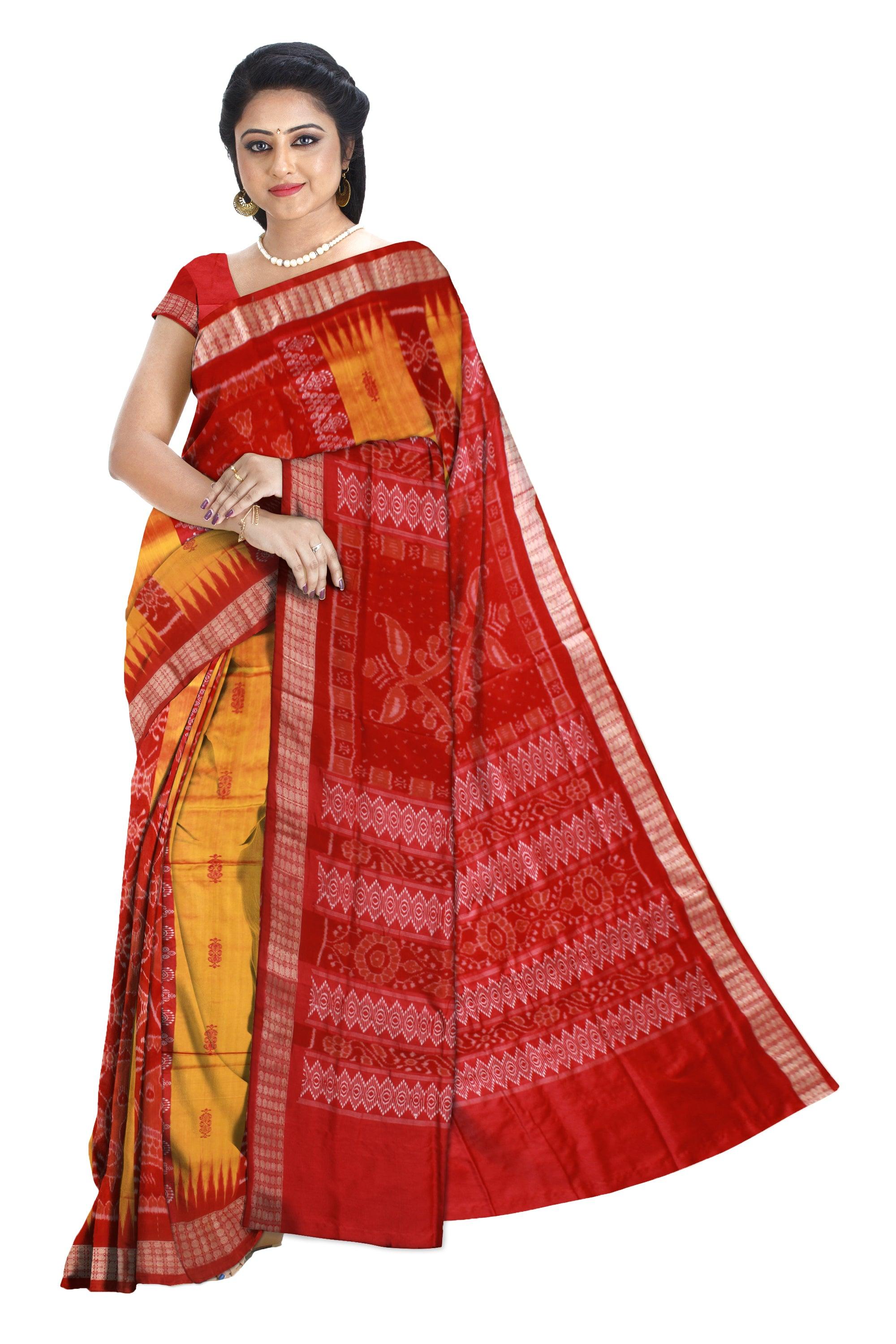 PEACOCK PATTERN BOMKEI PATA SAREE IN YELLOW AND RED COLOR BASE, WITH BLOUSE PIECE. - Koshali Arts & Crafts Enterprise