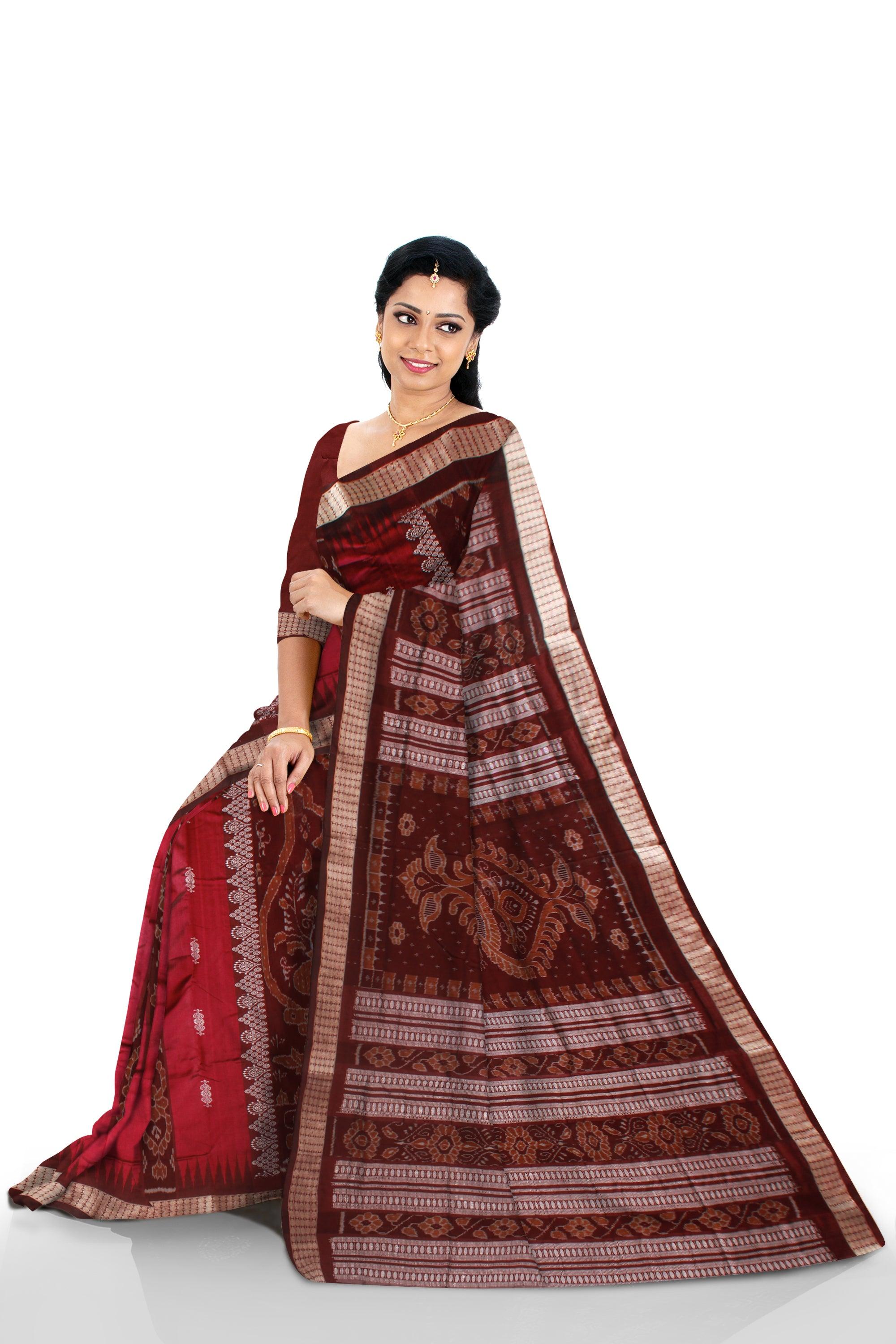 BANDHA PATTERN BOMKEI PATA SAREE IN PINK AND COFFEE COLOR BASE, ATTACHED WITH BLOUSE PIECE. - Koshali Arts & Crafts Enterprise